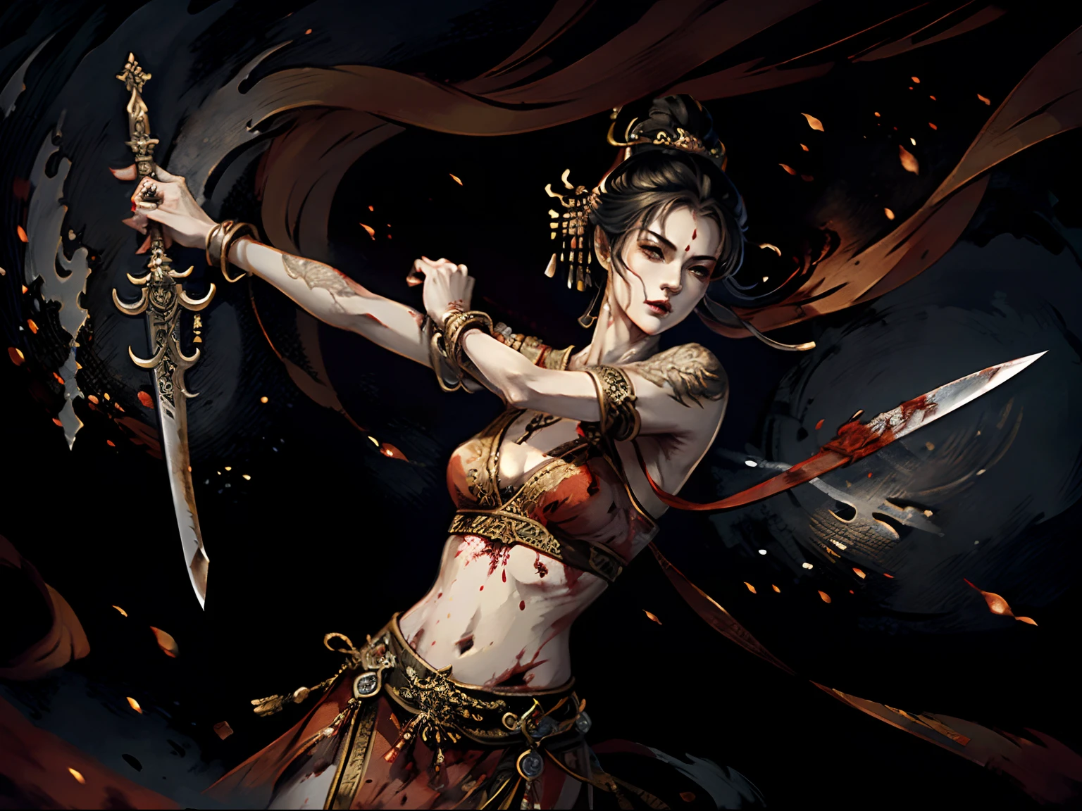 woman,irate,Dagger in hand,Cut your stomach with a knife,A huge wound on the stomach,bleed,The blood doesn't stop(Best Picture Quality,4K,A high resolution:1.2),hyper-detailing,realisticlying)super detailing,highly details,Chinese Ancient Times,Ancient wind,k hd,Traditional ink painting