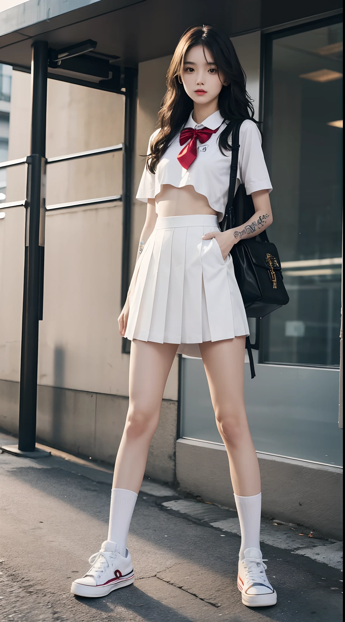 Masterpiece, Best quality, 1girll,stand posture,anatomy correct,JK school uniform,White mid-tube socks,Tattooed with,wavy and long hair,Accurate and delicate face,Accurate and perfect legs,Slender and slender figure,Skinny,Skinny,Smaller bust,Converse shoes,bookbag