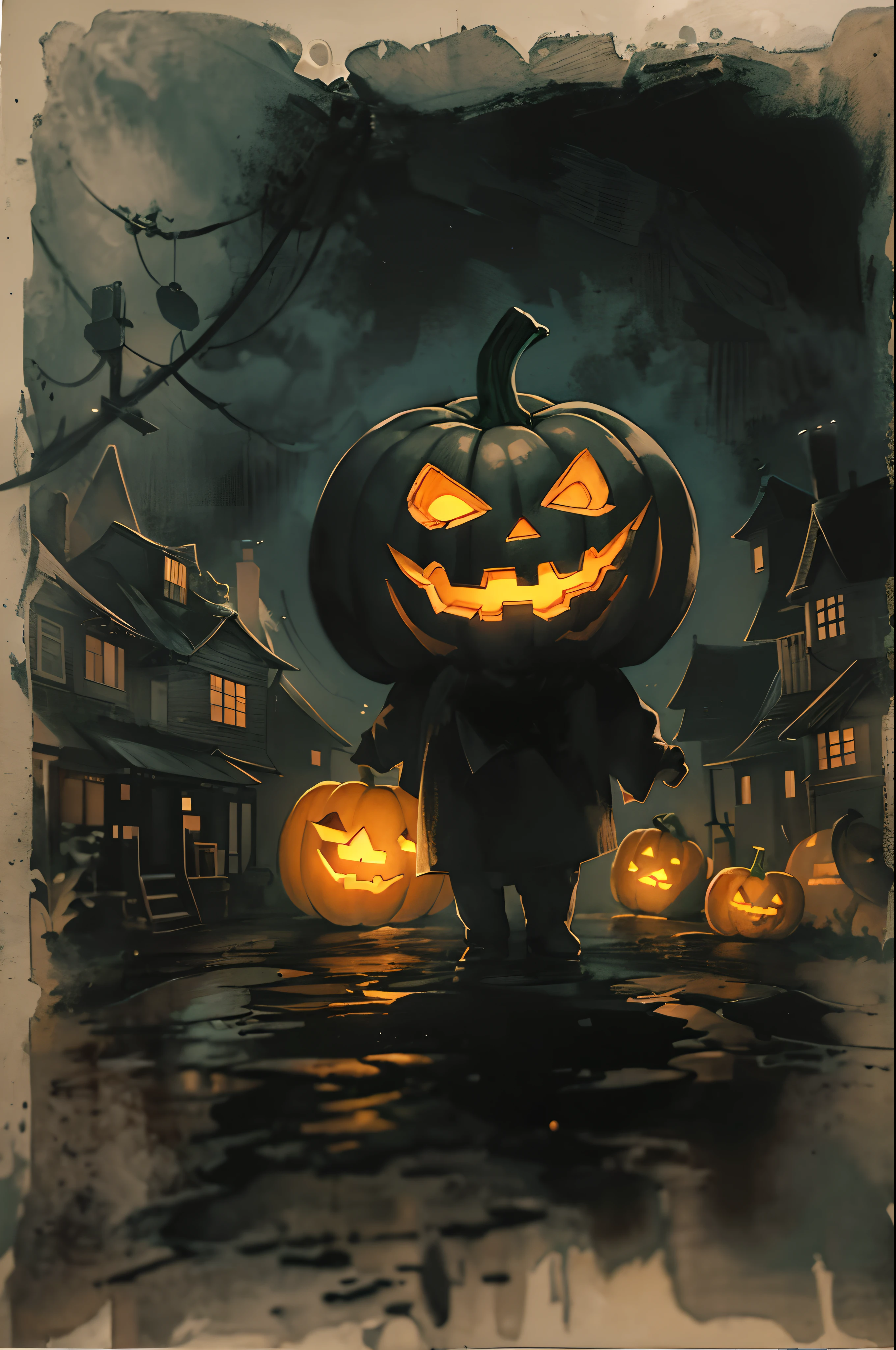 In a pitch-black city、A jack-o'-lantern dimly lit by an oil lamp. A jack-o'-lantern floating in the dark night city、Makes you feel scared.Artist uses blotting ink、Blurred image borders, Combination with delicate brushwork、Expressing the details of a picture. It's incredibly beautiful. Beautifully expresses the shades of black ink.