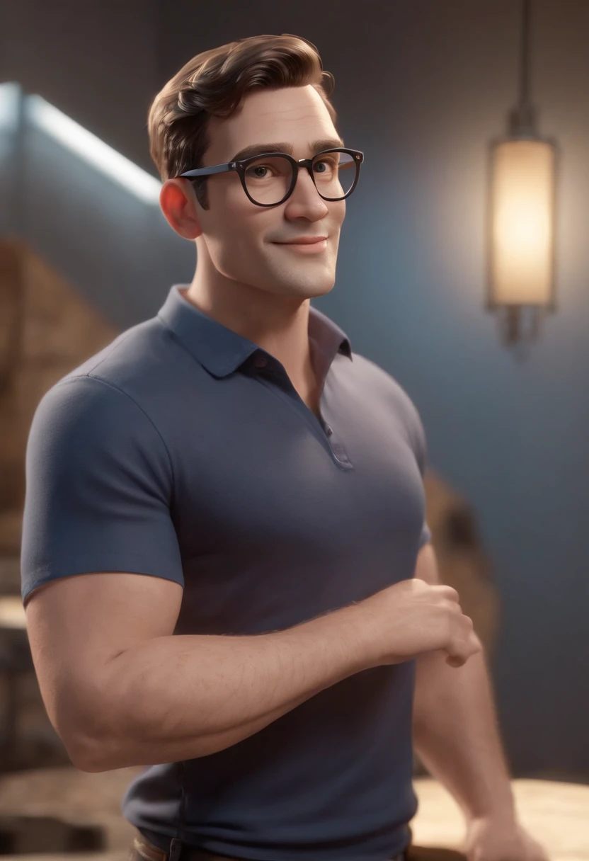 Cartoon character of a man wearing black glasses and a blue shirt, um personagem animado, Caractere estilizado, animation style rendering, 3D estilizado, Arnold Maya render, 3 d render stylized, toon render keyshot, Personagem 3D, Personagem 3D, 3d rendering stylized, 3 d character render, personagem de desenho animado, Personagem de close up, Pose de personagem, (Estilo Pixar) (master part:1.2) (Bokeh) (best quality) (pele detalhada) (textura detalhada) (8k) (argila) (Cinematic lighting) (foco nítido,Senta e vaza a parte superior do corpo