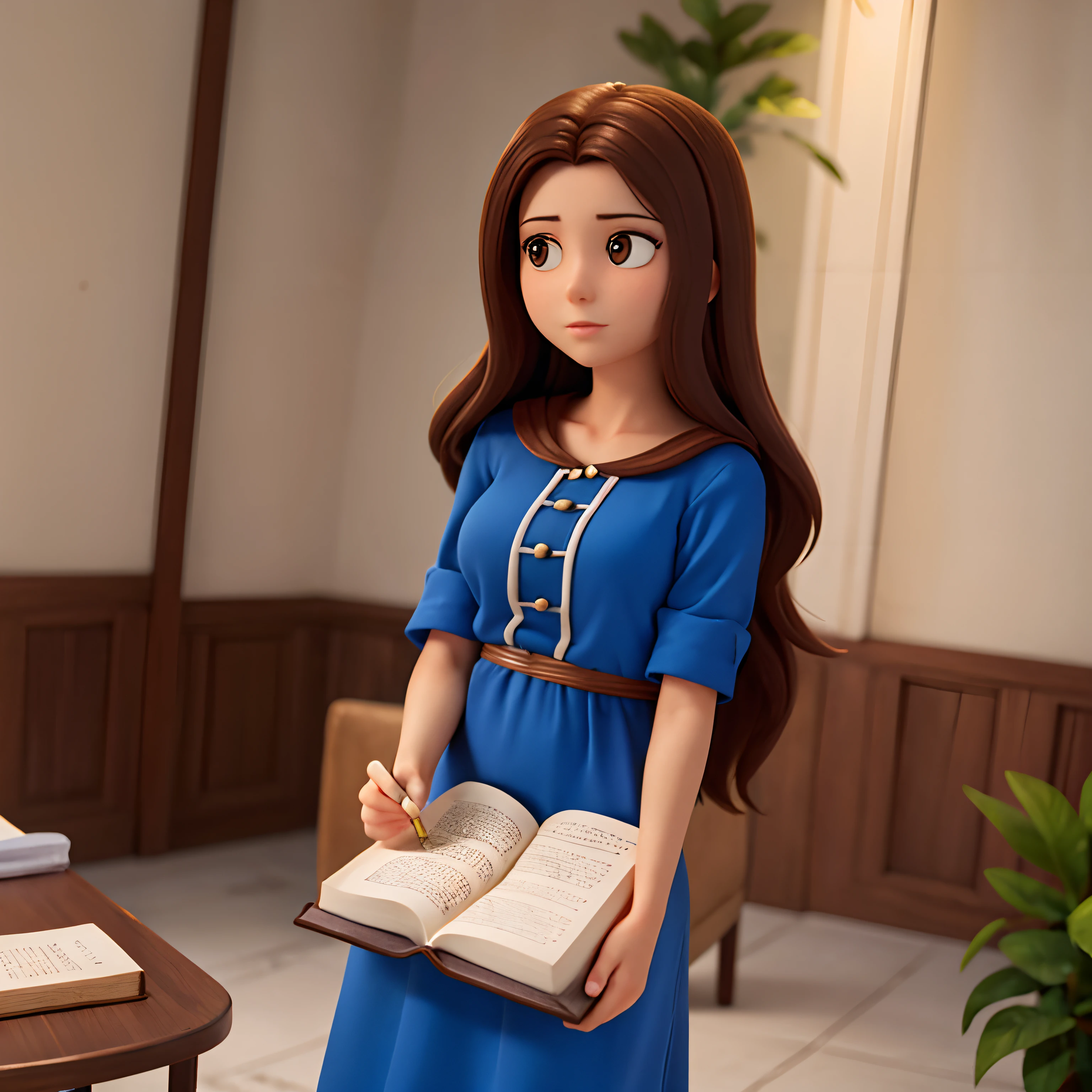 A woman with the bible in her hand, vestido colorido com pele clara , medium long brown hair, olhos castanho , com Jesus ao lado dela
