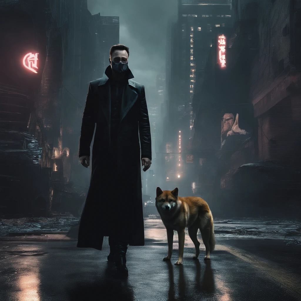 elon musk with shiba walk in cyberpunk 2077 city, long black coat with logo gold btcon chest