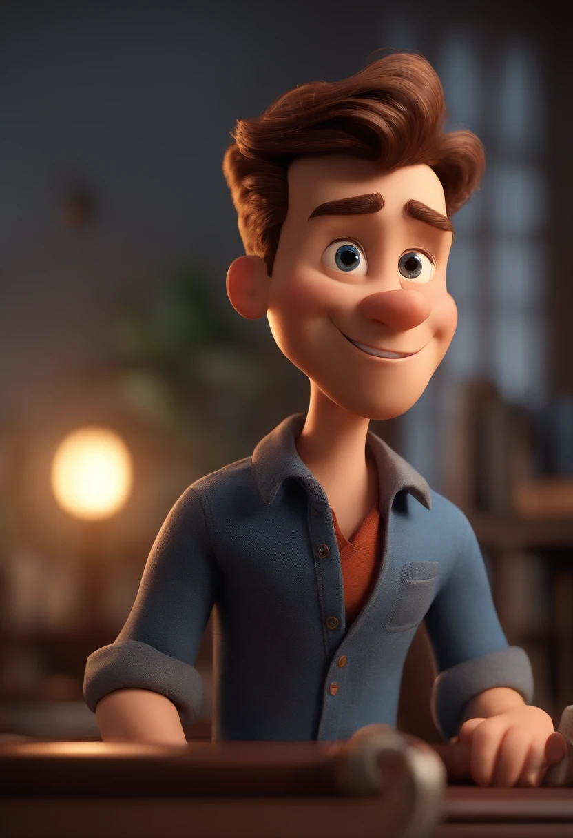 Cartoon character of a man and a blue shirt, animation character, Caractere estilizado, animation style rendering, 3D estilizado, Arnold Maya render, 3 d render stylized, toon render keyshot, Personagem 3D, Personagem 3D, 3d rendering stylized, 3 d character render, personagem de desenho animado, Personagem de close up, Pose de personagem,  (Estilo Pixar) (master part:1.2) (Bokeh) (best quality) (pele detalhada) (textura detalhada) (8k) (argila) (Cinematic lighting) (foco nítido