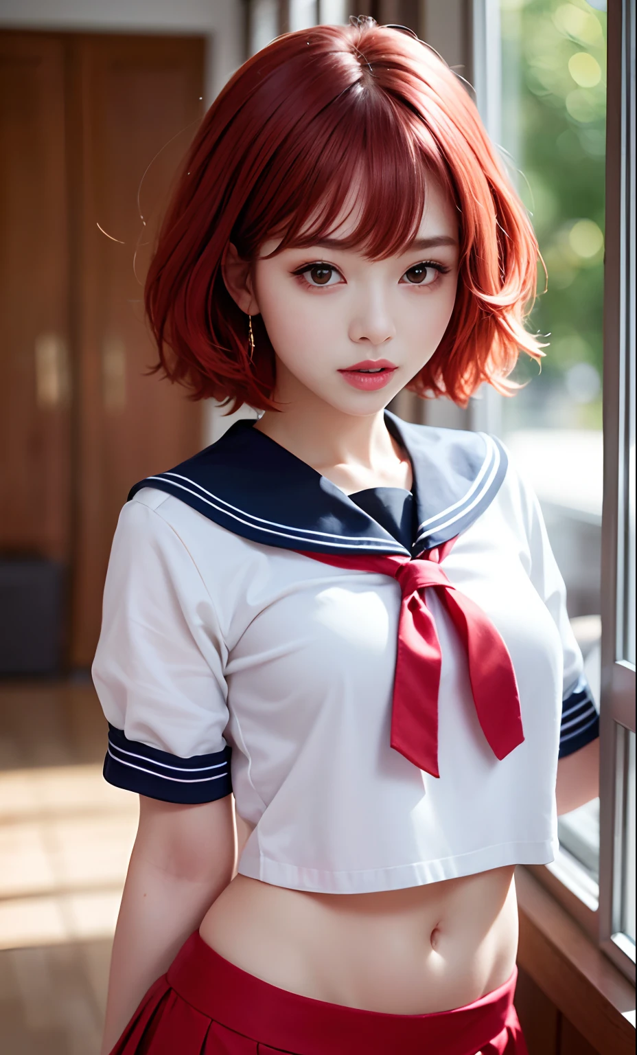 (8k, RAW photo, photorealistic: 1.25), (lip gloss, eyelashes, bright face, glowing skin, red hair, best quality, ultra high resolution, depth of field, chromatic aberration, caustic, wide lighting, natural shading, Kpop idol) looking at the viewer with a serene and divine bliss, college room, sailor's uniform, miniskirt