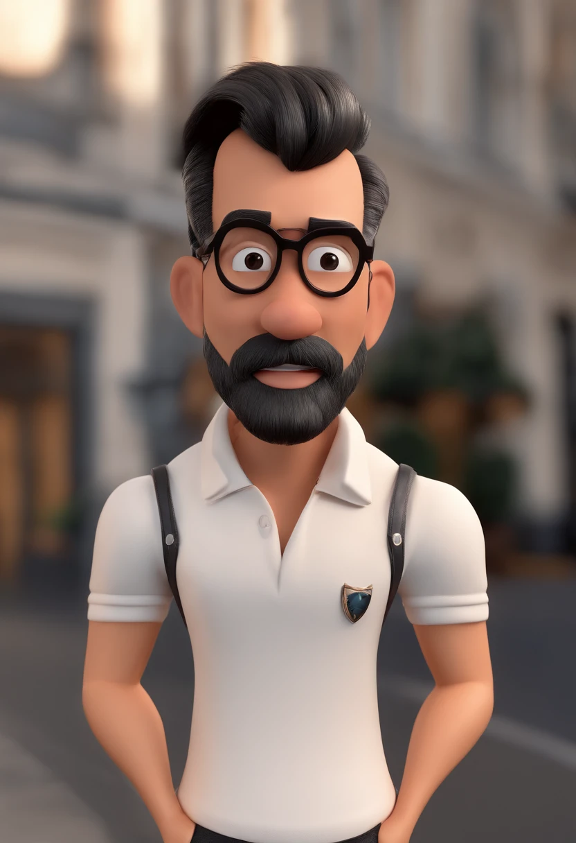 Cartoon character of a man with black glasses and a white polo shirt, cabelo liso, With a partially white beard and a tattoo on his right arm, animation character, Caractere estilizado, animation style rendering, 3D estilizado, Arnold Maya render, 3 d render stylized, toon render keyshot, Personagem 3D, Personagem 3D, 3d rendering stylized, 3 d character render, personagem de desenho animado, Personagem de close up, Pose de personagem,  (Estilo Pixar) (master part:1.2) (Bokeh) (best quality) (pele detalhada) (textura detalhada) (8k) (argila) (Cinematic lighting) (foco nítido