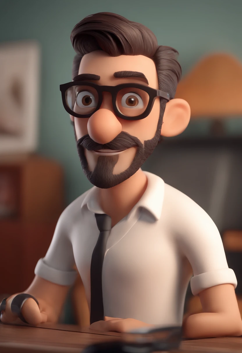 Cartoon character of a man with black glasses and a white polo shirt, cabelo liso, With a partially white beard and a tattoo on his right arm, animation character, Caractere estilizado, animation style rendering, 3D estilizado, Arnold Maya render, 3 d render stylized, toon render keyshot, Personagem 3D, Personagem 3D, 3d rendering stylized, 3 d character render, personagem de desenho animado, Personagem de close up, Pose de personagem, (Estilo Pixar) (master part:1.2) (Bokeh) (best quality) (pele detalhada) (textura detalhada) (8k) (argila) (Cinematic lighting) (foco nítido