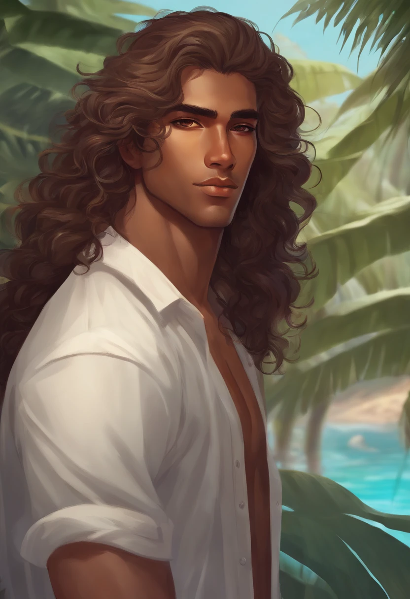 long hair, man, tropical style, slender, 25 years old, brown skin,curly hair, bear, anime style art, eyes white