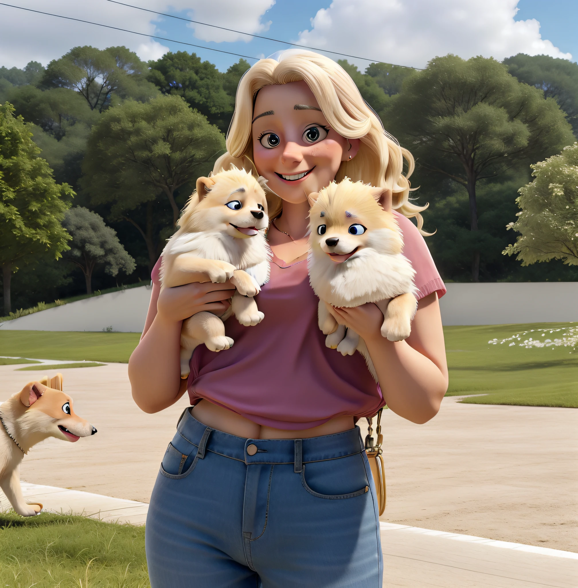 Blonde haired mature woman holding two puppies of the German Spitz breed in white color, sorridente, melhor qualidade, alta qualidade
