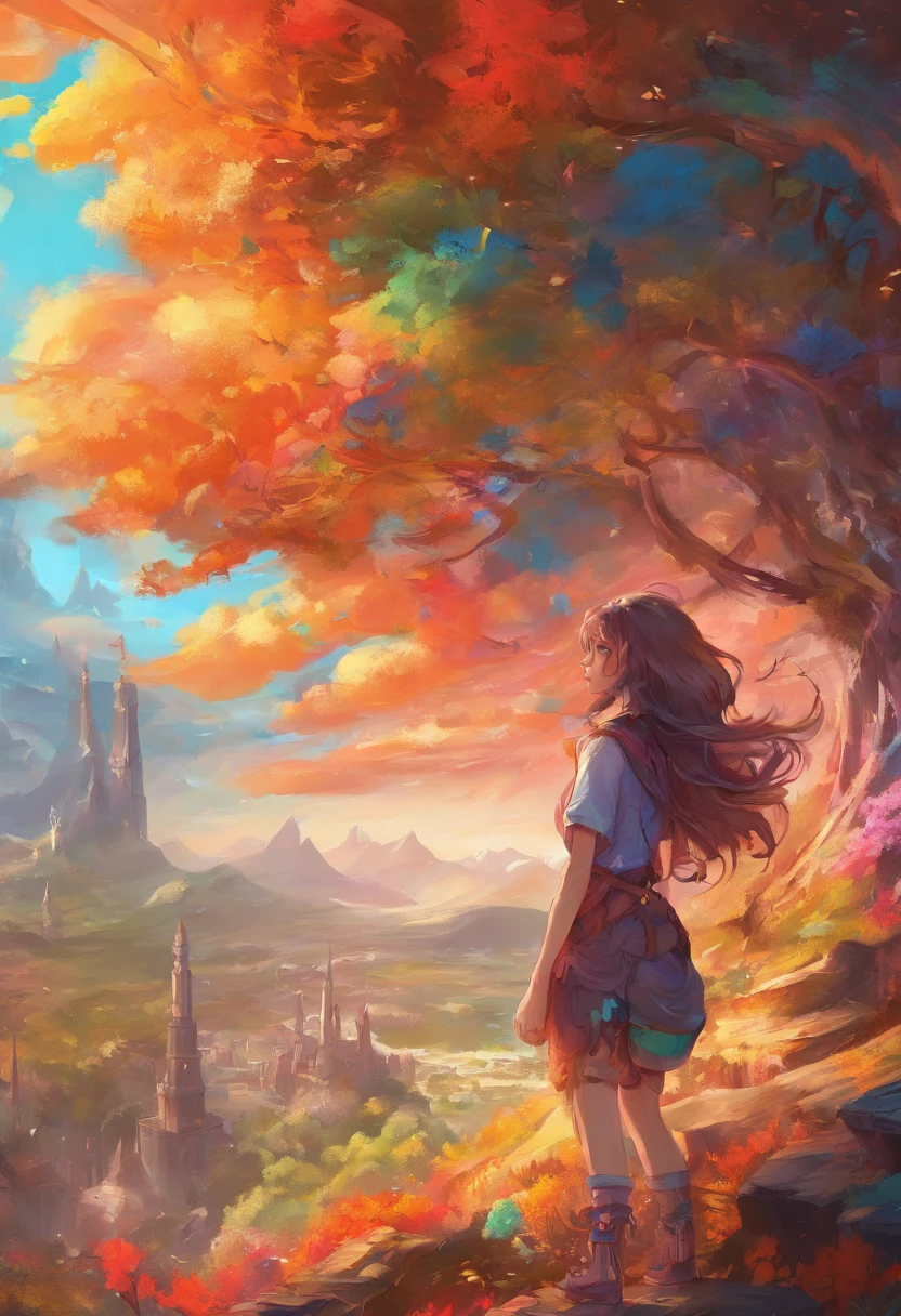 (Best quality), Masterpiece, Extremely detailed CG uniform 8K illustration, High color, Extremely high color saturation, All colors are deepened, Paint, scribble art, Center composition, Extremely detailed light and shadow, graffiti wall, The walls are brightly painted, 1 girl graffiti 1 girl looking at the wall, Extremely detailed face and eyes, Medium length hair, Sportswear, Colored clouds