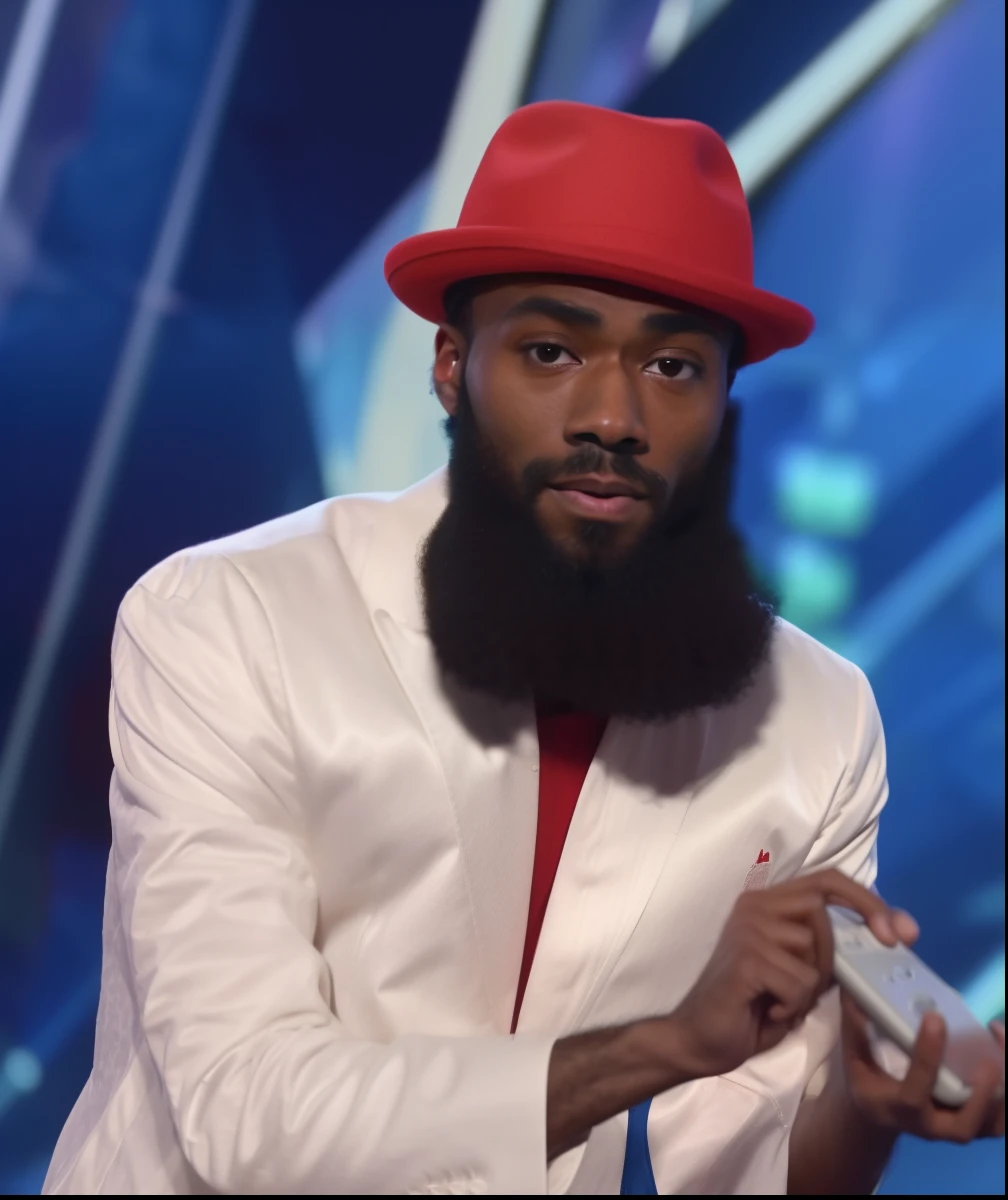 araffe man with a beard and a red hat holding a remote control, skinny male magician, he has a red hat, he is wearing a top hat, he is wearing a hat, holding it out to the camera, mc ride, taken in the early 2020s, donald glover, neat beard, wearing a red backwards cap