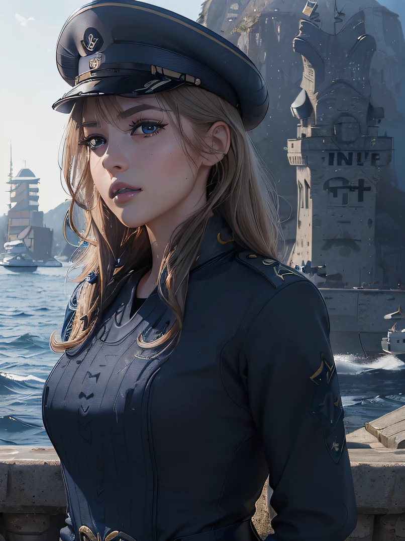 (Best Quality、4K、8K、hight resolution,masutepiece:1.2), ultra-detailliert、(Realistic、Photorealsitic:1.37)、High brightness、bustshot、(Beautiful detailed eyes、Beautiful detailed lips、extremely detailed eye and face、long eyelashes)、Studio Lighting、Physically-based rendering、Vivid colors、((German Navy Uniforms:1.5))、Detailed hand depiction