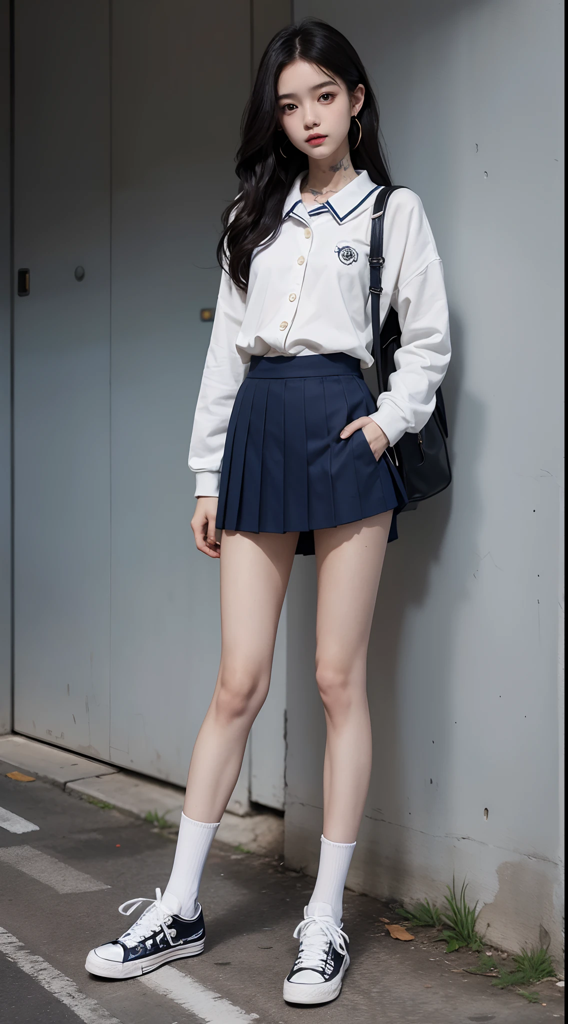 Masterpiece, Best quality, 1girll,stand posture,anatomy correct,JK school uniform,White mid-tube socks,with tattoos,wavy and long hair,Accurate and delicate face,Accurate and perfect legs,Slender and slender figure,Skinny,Skinny,Smaller bust,Converse shoes,bookbag