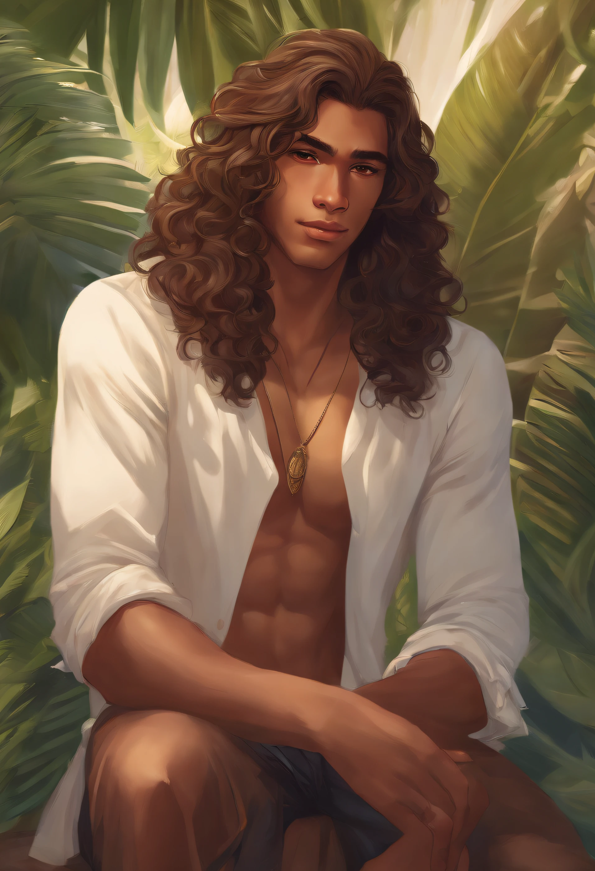 long hair, man, tropical style, slender, 25 years old, brown skin,curly hair, bear, anime style art, eyes white