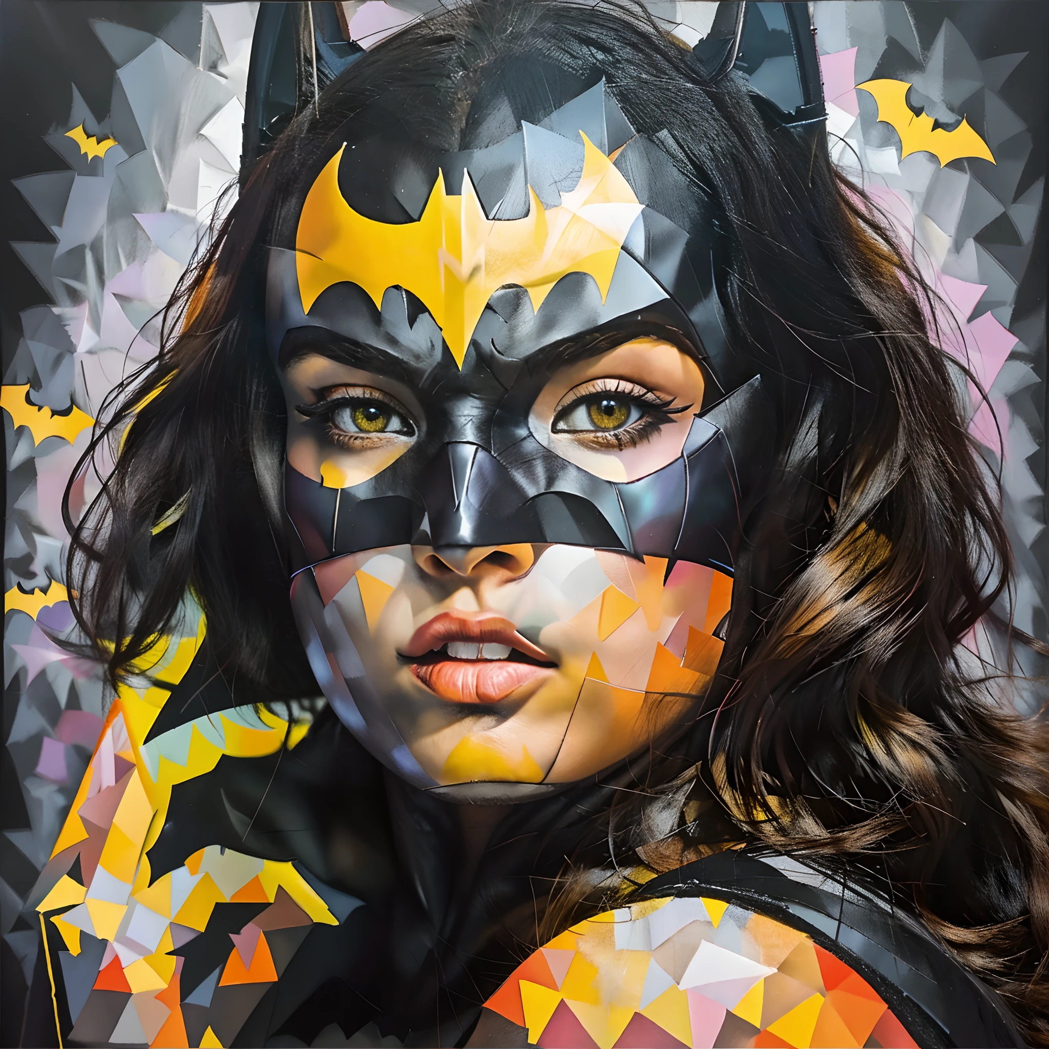 Batman woman with bat mask and yellow and black face paint, Art by Eduardo Kobra and The Twins and ROMERO BRITO Nakamura Pautasso, Batgirl, arte vetorial, Jen Bartel, inspirado em Sandra Chevrier, arte pop de fantasia, Anigirl Batman, Directed by: Patrick Adam, Retrato do Batman, arte vetorial, Arte poligonal, Martin then, Retrato da obra, Batwoman, Retrato do Batman, estilo de arte vetorial