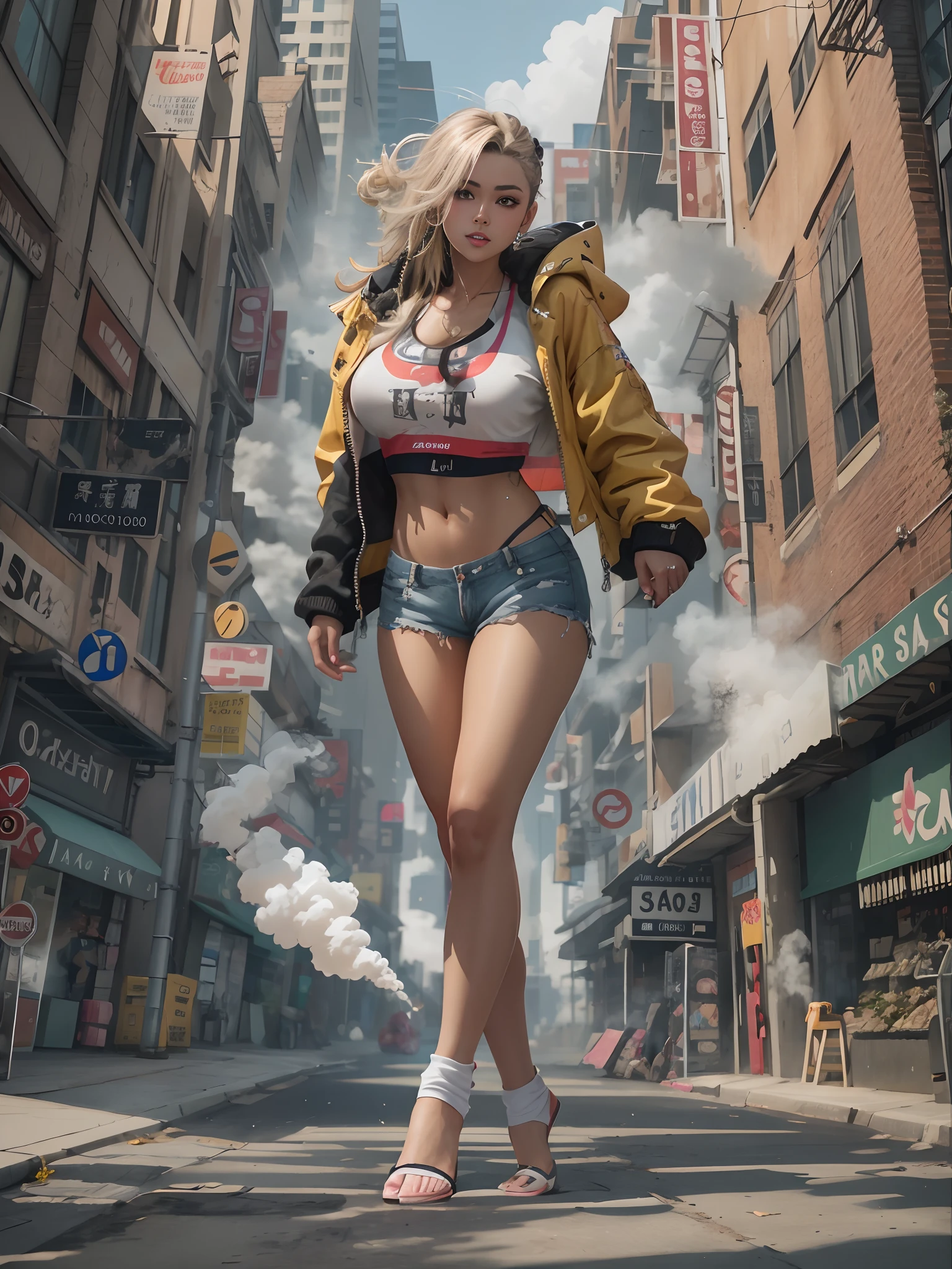 Il y a une femme qui marche dans la rue en crop top, Ross Tran 8 K, Style Ross Tran, Cyberpunk 2 0 et. o model girl, Dans le style de Ross Tran, soutien-gorge et shorts streetwear, Dans Cyberpunk City, Elle porte du streetwear, dans une ville Cyberpunk, dans le style cyberpunk, posant dans une rue urbaine, e-fille, E - fille