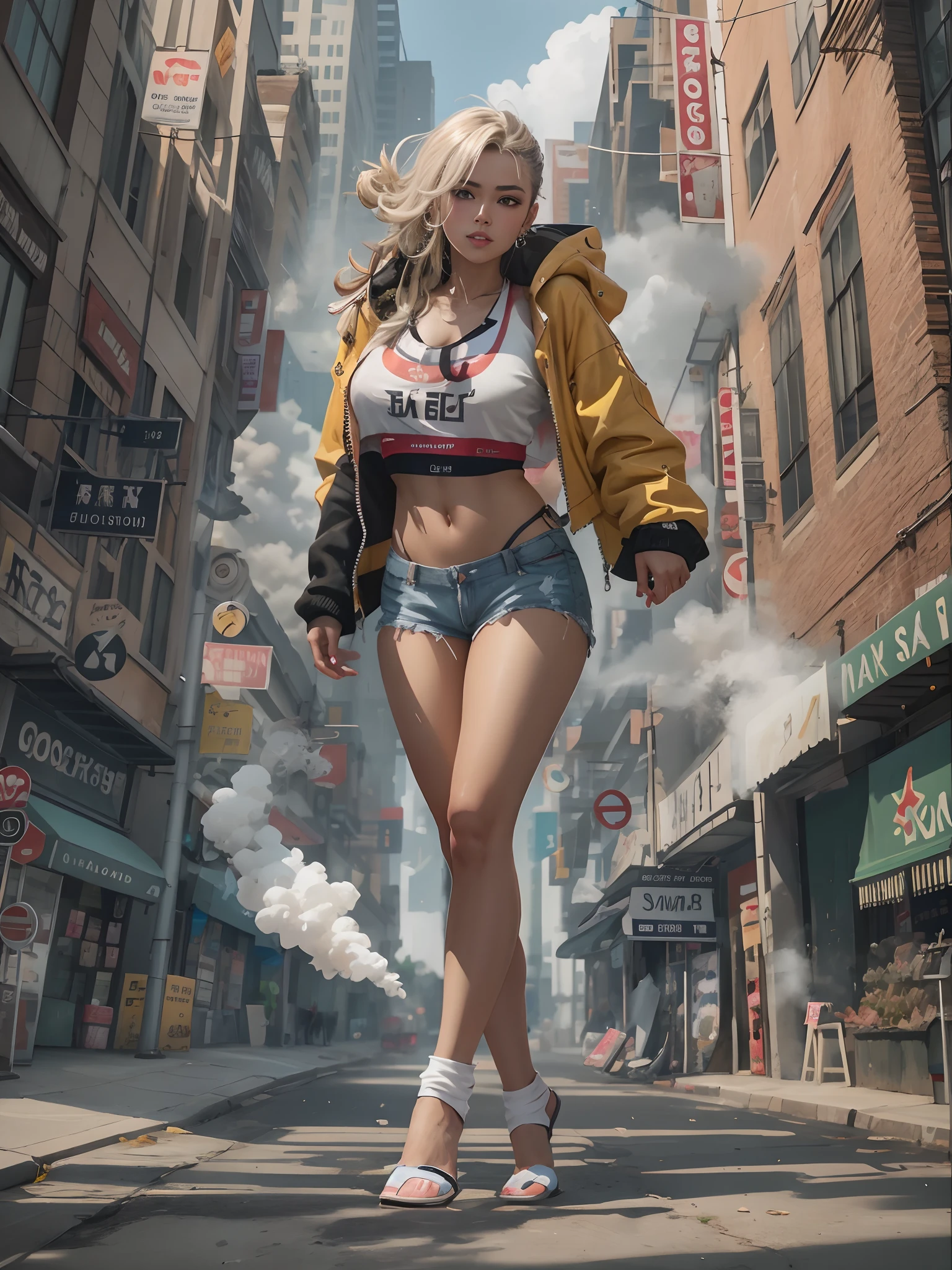 Il y a une femme qui marche dans la rue en crop top, Ross Tran 8 K, Style Ross Tran, Cyberpunk 2 0 et. o model girl, Dans le style de Ross Tran, soutien-gorge et shorts streetwear, Dans Cyberpunk City, Elle porte du streetwear, dans une ville Cyberpunk, dans le style cyberpunk, posant dans une rue urbaine, e-fille, E - fille