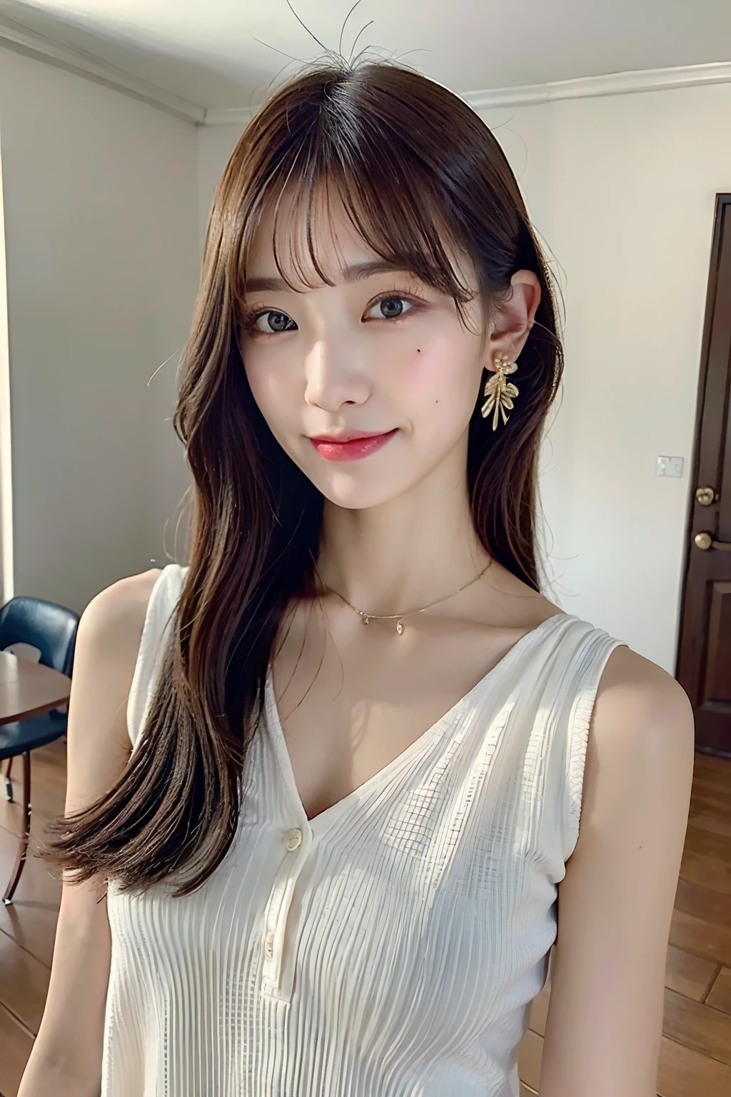 ((top-quality、8K、masterpiece:1.3))、1girl in、Pretty woman with accentuated slender abs:1.3、(Random Hair Styles)、dressed casually:1.2、in a house、hyperdetailed face、A detailed eye、二重まぶた、Emphasis on the chest