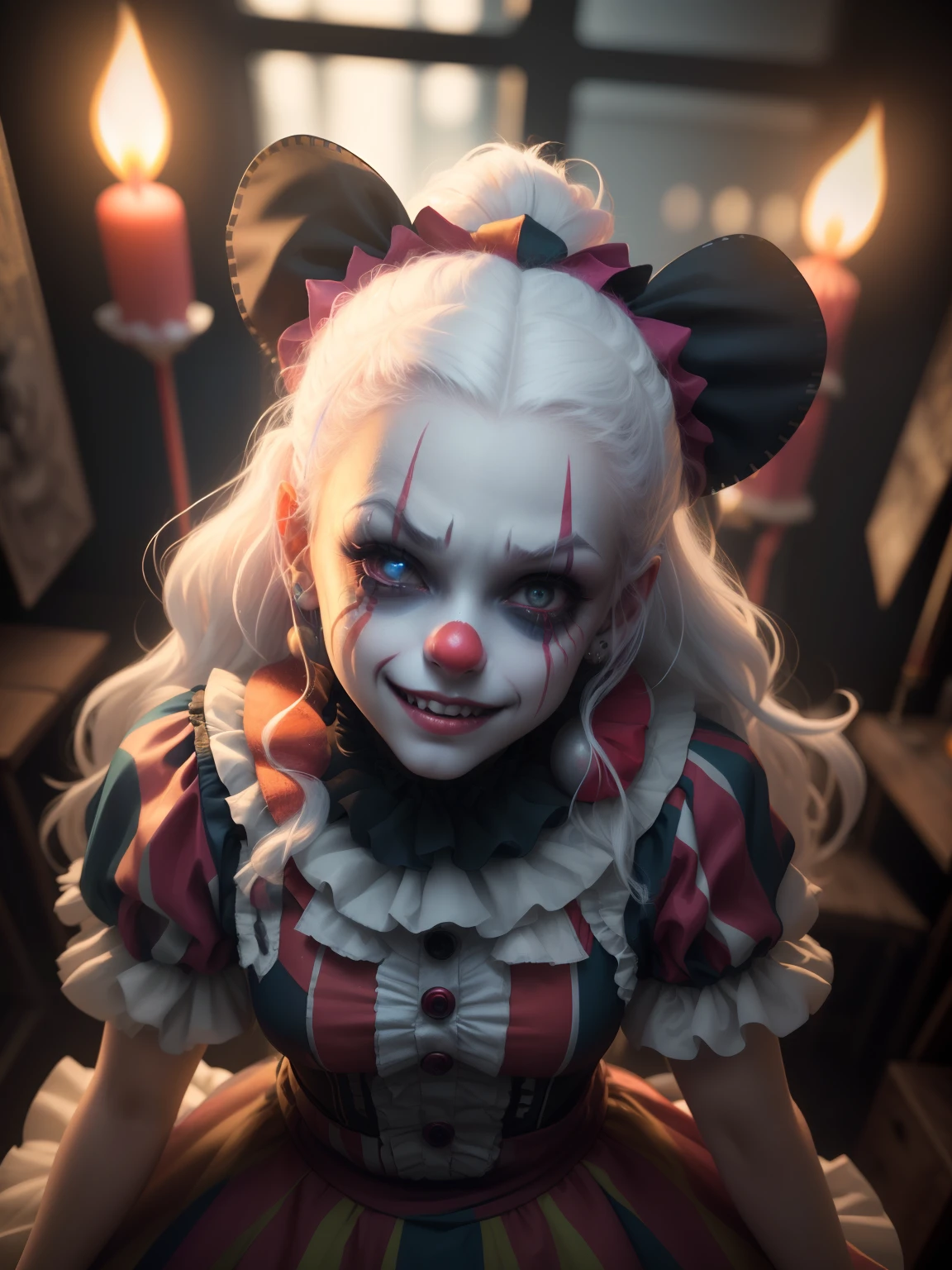 there is a young girl, 8 years old dressed as a clown with candles in the background, hair half white and half red, serious look on her face, sad looking, creepy clown girl, goth clown girl, photorealistic dark concept art, cutecore clowncore, and glowing eyes, clown girl, wojtek fus, 3 d render character art 8 k, creepy evil smile, creepy smile, cgsociety contest winner, trending on artstation 4k