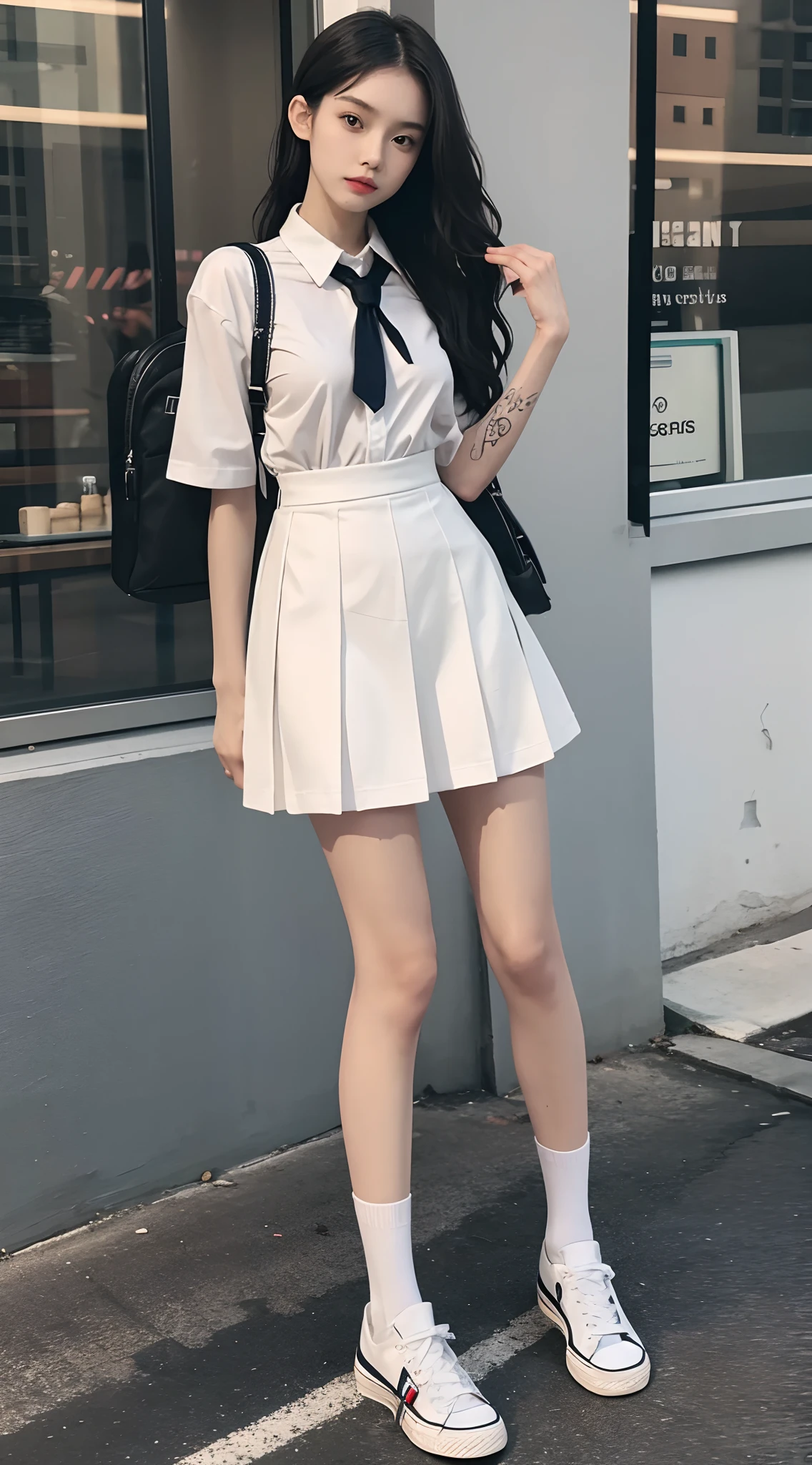Masterpiece, Best quality, 1girll,stand posture,anatomy correct,JK school uniform,White mid-tube socks,with tattoos,wavy and long hair,Accurate and delicate face,Accurate and perfect legs,Slender and slender figure,Skinny,Skinny,Smaller bust,Converse shoes,bookbag