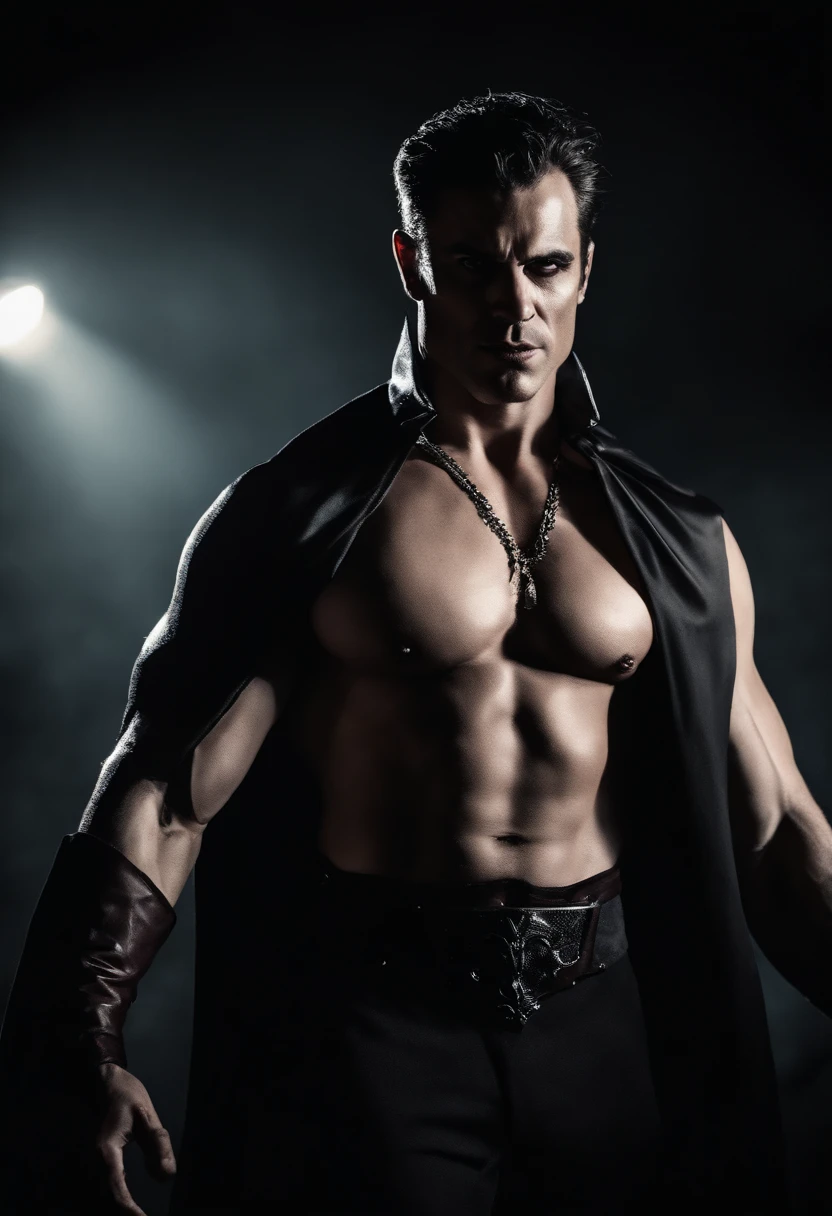 A muscular man in an elegant and mysterious vampire costume, complete with cape and sharp fangs, his imposing presence and piercing gaze reflect a unique combination of seductive charm and dark danger on Halloween night.