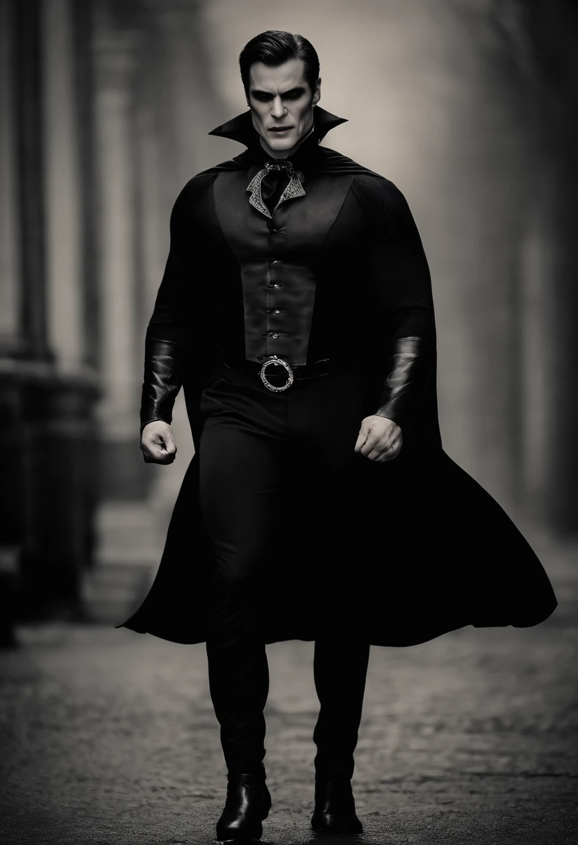 A muscular man in an elegant and mysterious vampire costume, complete with cape and sharp fangs, his imposing presence and piercing gaze reflect a unique combination of seductive charm and dark danger on Halloween night.