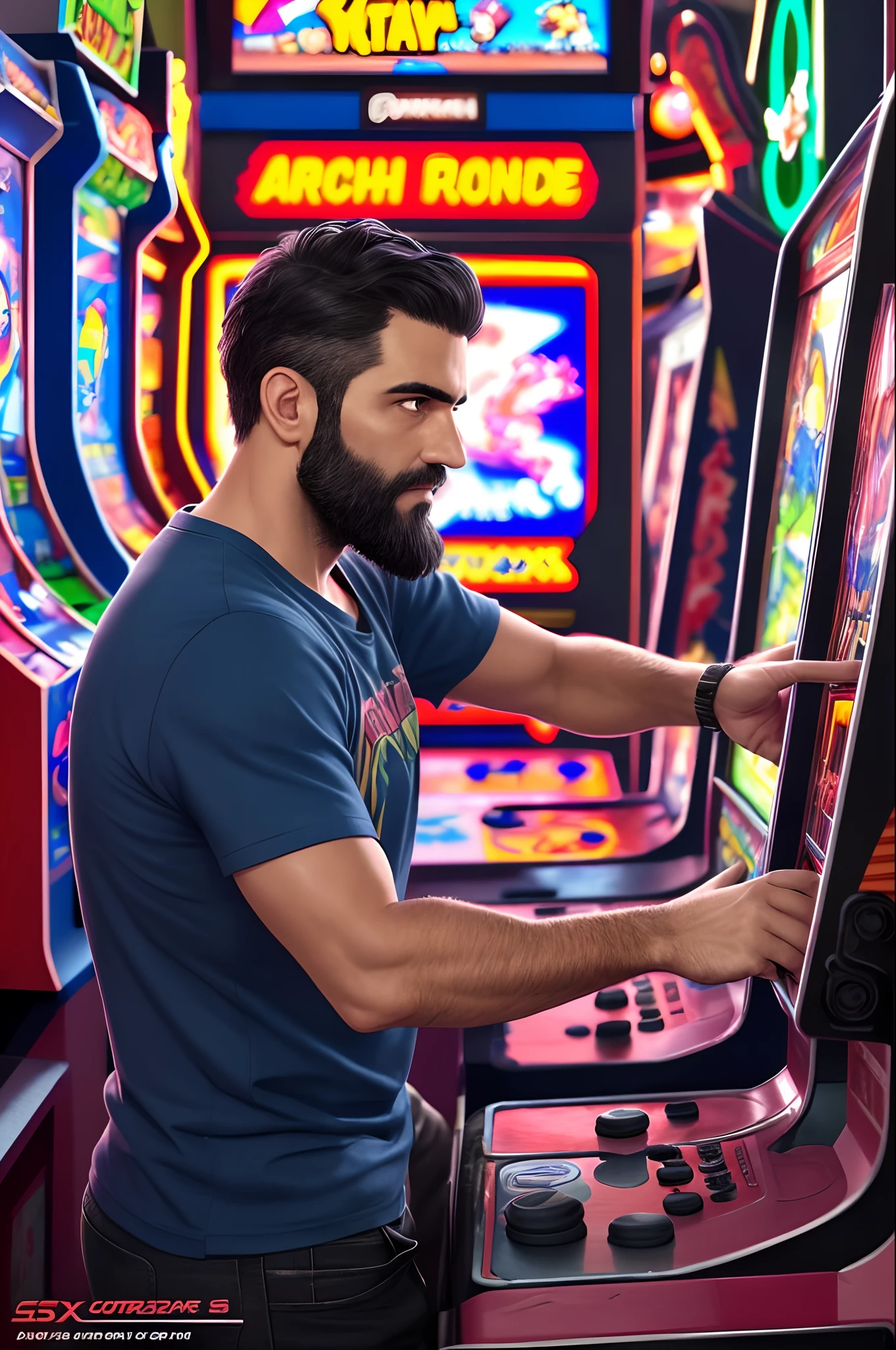 The image shows a 41-year-old man of Brazilian descent with short black gradient hair parted to the right with a sawn beard already turning gray, From the back playing Street Fightes 2 Alpha in an arcade with your left hand on the controller and your right hand on the arcade buttons. The man is wearing a dark blue t-shirt and looking at the arcade screen, mostrando assim somente as costas, with several other arcade machines with other games around it --auto --s2