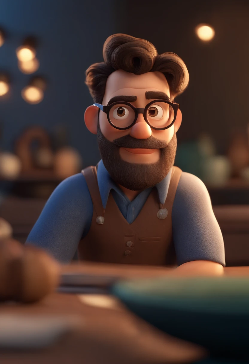 Cartoon character of a man wearing black glasses and a blue shirt, um personagem animado, Caractere estilizado, animation style rendering, 3D estilizado, Arnold Maya render, 3 d render stylized, toon render keyshot, Personagem 3D, Personagem 3D, 3d rendering stylized, 3 d character render, personagem de desenho animado, Personagem de close up, Pose de personagem, (Estilo Pixar) (master part:1.2) (Bokeh) (best quality) (pele detalhada) (textura detalhada) (8k) (argila) (Cinematic lighting) (foco nítido，Senta e vaza a parte superior do corpo