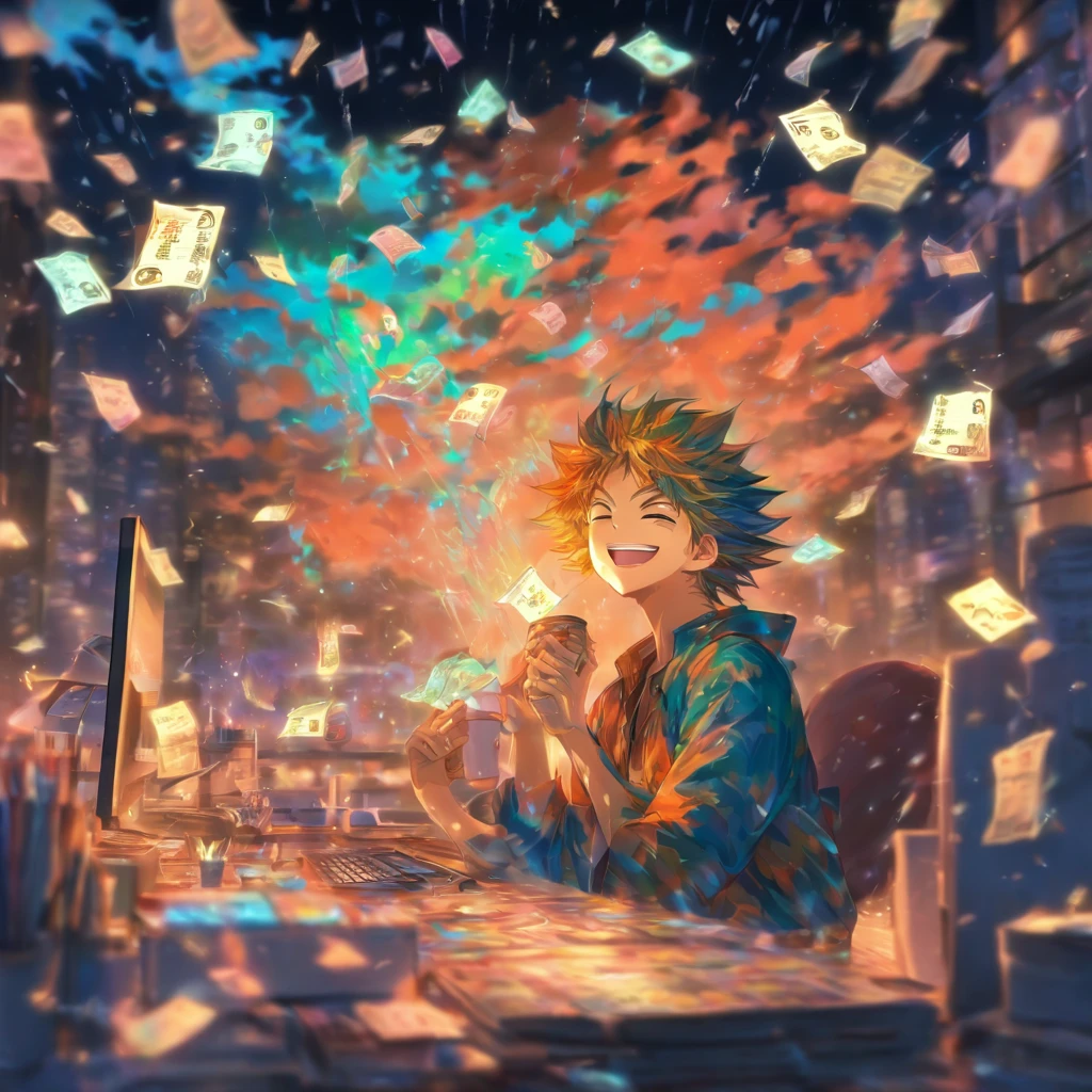 One man,Smiling,relaxing,goodlooking,In front of the computer,Behind him was a lot of bills falling like rain,Hold the cup with only your right hand,Lots of water masses、Bright image、Clear facial expressions、Draw your fingers clearly、