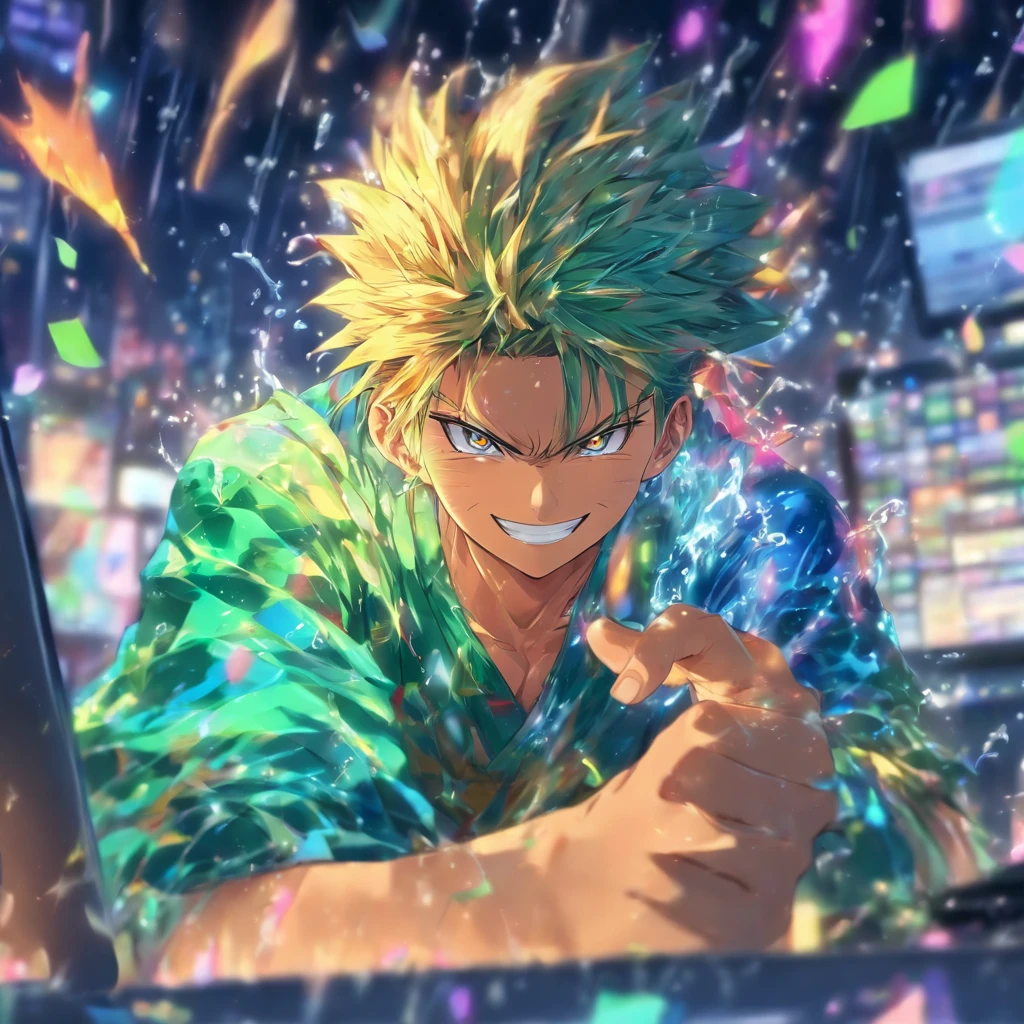 One man,Smiling,relaxing,goodlooking,In front of the computer,Behind him was a lot of bills falling like rain,Hold the cup with only your right hand,Lots of water masses、Bright image、Clear facial expressions、Draw your fingers clearly、