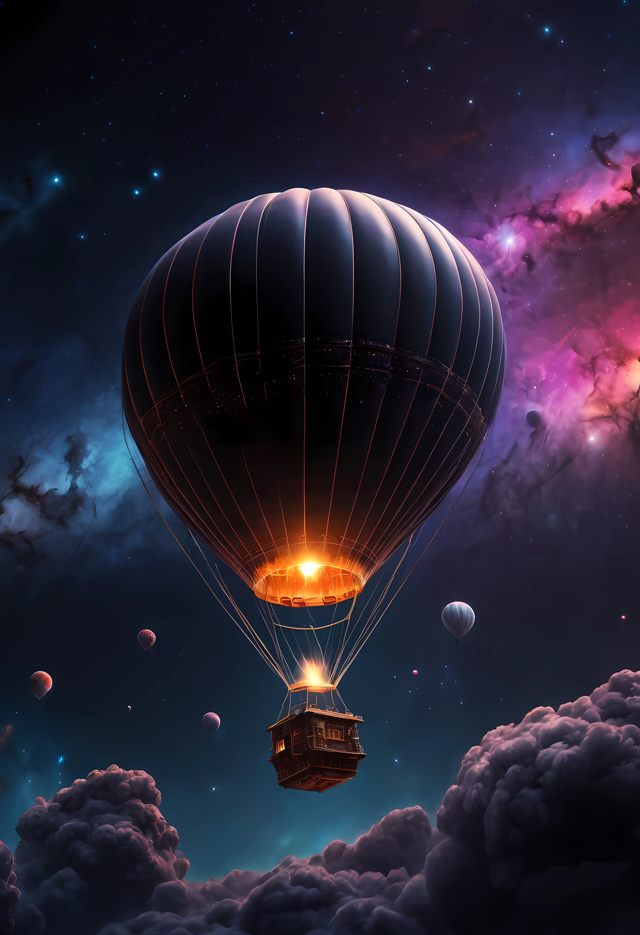 (best quality,realistic:1.37),ultra-detailed,high-resolution,dark space,black hole,hot air balloon-shaped spacecraft,glowing edges,cosmic colors,interstellar voyage,astral atmosphere,rays of light,extraterrestrial exploration,deep-space adventure,surreal landscape,gravity-defying,thousands of light-years away,unknown cosmic forces,ephemeral beauty,celestial wonders,stellar dimensions,abyssal depths,floating in the void,fantastical journey,unimaginable mysteries,otherworldly encounters,awe-inspiring spectacle,captivating vision,unprecedented discovery