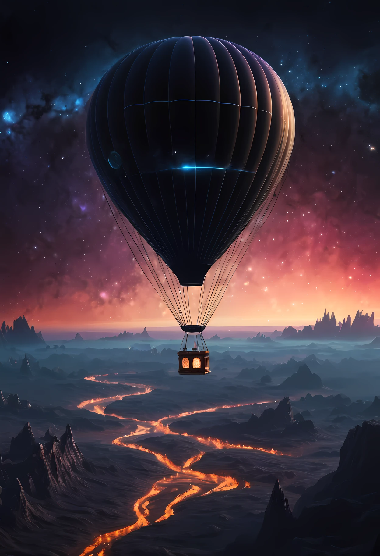 (best quality,realistic:1.37),ultra-detailed,high-resolution,dark space,black hole,hot air balloon-shaped spacecraft,glowing edges,cosmic colors,interstellar voyage,astral atmosphere,rays of light,extraterrestrial exploration,deep-space adventure,surreal landscape,gravity-defying,thousands of light-years away,unknown cosmic forces,ephemeral beauty,celestial wonders,stellar dimensions,abyssal depths,floating in the void,fantastical journey,unimaginable mysteries,otherworldly encounters,awe-inspiring spectacle,captivating vision,unprecedented discovery