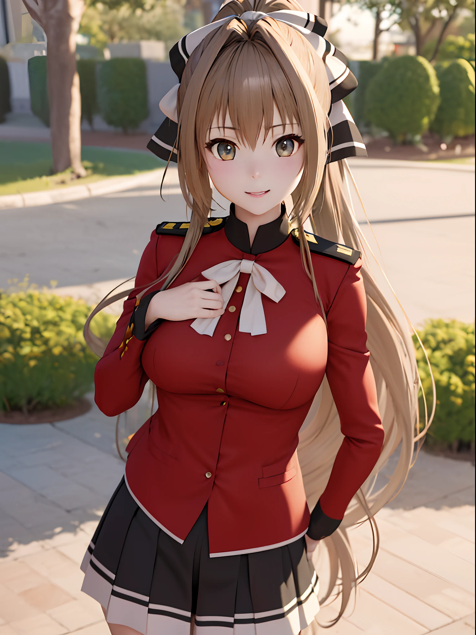 An ultra-high picture quality、(​masterpiece)、[3D images:1.5],Attractive eyes、\Sento_Isuzu\、full-body view、a park、Standing、(​masterpiece:1.6、top-quality)、(Beautiful Eyes of Details:1.2)、Look at viewers、cparted lips、anime style 4 k,anime moe art style、3D images、best anime 4k konachan wallpaper,Highly detailed CG Unity 8k wallpaper、A smile、 Beautiful anime girl, Beautiful Art Style,  girl with, Ponytail, Hair Bow, Brown eyes, uniform, Red Shirt, aiguillette, Black skirt,Cowboy Shot