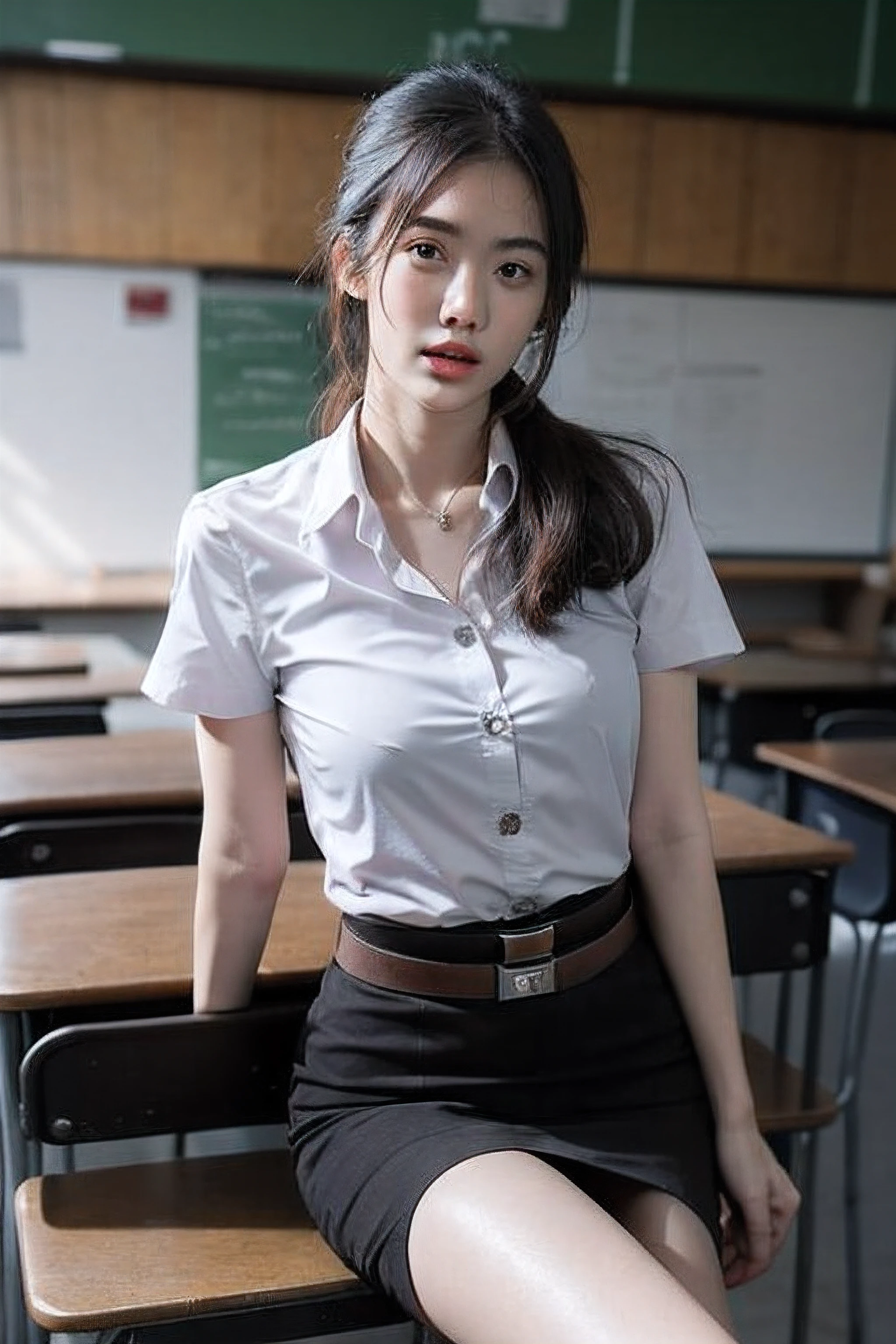 (8k, best quality, masterpiece, ultra highres:1.2) Photo of Pretty Japanese woman beautiful, beautiful enchanting fashion contemporary painting with a, looking at the viewer, ((in classroom background)), (1girl), (white shirt short sleeves), ((black pencil skirt)), belt, ((hand down)),black hair, medium hair, high angle photo of a gorgeous woman, realistic skin texture, looks up, (nudity), round chin, 85 mm art lens, f 1. 2, sharp focus, 8 k high definition, insanely detailed, intricate, elegant, large breasts, dynamic pose, large breasts,