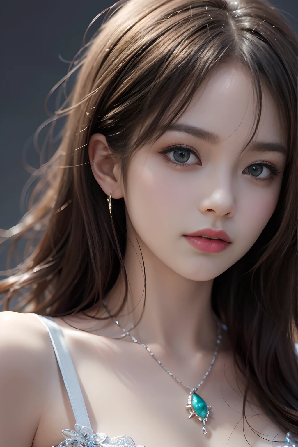 high high quality, Best quality, realistically, RAW photos, actual, Hyper-realistic 8k CG, hyper-detailing, k hd, tmasterpiece, 1 girl, 18 years old ols, woman beautiful face, soft face, Elegant, Long gray hair, eBlue eyes, light blue  eyes, Close-up cleavage, Complicated details, Detailed texture, Detailed pubic hair, Front face , Female natural body, sexy for, Very beautiful young female face,