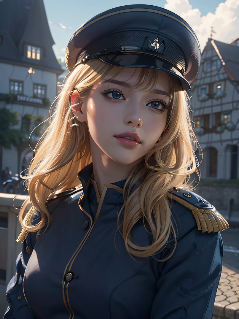 (Best Quality、4K、8K、hight resolution,masutepiece:1.2), ultra-detailliert、(Realistic、Photorealsitic:1.37)、face lights、High brightness、bustshot、(Beautiful detailed eyes、Beautiful detailed lips、extremely detailed eye and face、long eyelashes、a blond)、Studio Lighting、Physically-based rendering、Vivid colors、((German Navy Uniforms:1.5))、Detailed hand depiction