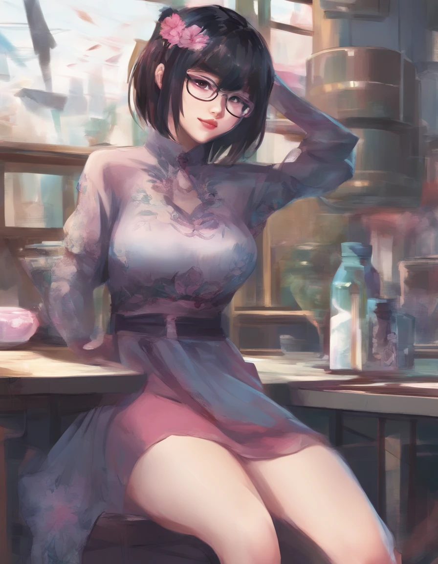 Asian Girl With Extremely Huge Tits  Anime Style, Pelo color cafe con vetas Rosadas enfrente, con gafas Transparente, cuerpo voluminoso, pose para la foto, cara exitada