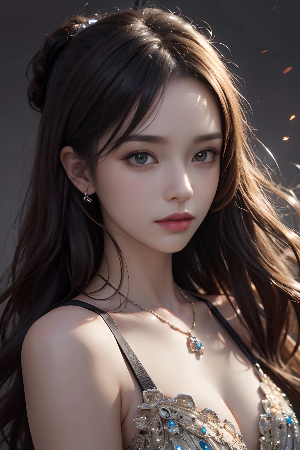 tmasterpiece、top-quality、portrait of one girl、hair adornments、a necklace、jewely、beautiful countenance、after sexing_Body、Tindall effect、Photorealsitic、Dark Studio、rim lit、twotonelighting、(High-detail skin:1.2)、8K, Ultra HD、Digital SLR, softlighting, high high quality, voluminetric lighting, Frankness, A picture, A high resolution, 4K, 8K,