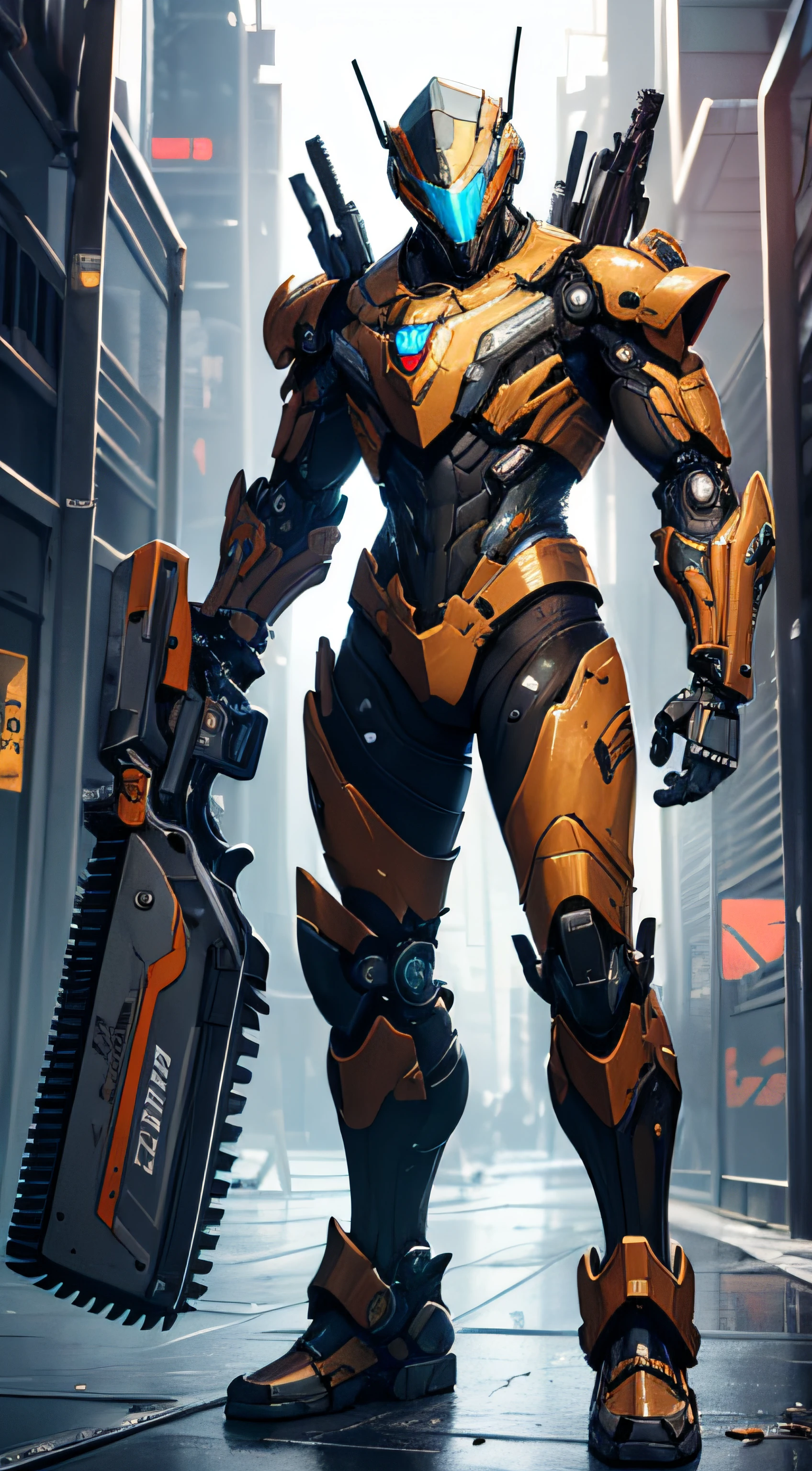 wearing a mechanical suit, Mechanical wonder, Cyberpunk, Cybernetic Guardian, futuristic armor, full body, front pose, symmetry, intricate (steel metal [rust]), joints, warframe style, cyborg, male body and armor, Chainsaw Man
