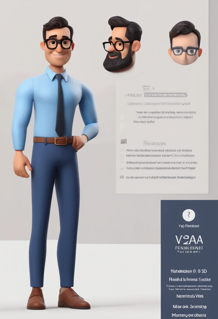 Cartoon character of a man wearing black glasses and a blue shirt, um personagem animado, Caractere estilizado, animation style rendering, 3D estilizado, Arnold Maya render, 3 d render stylized, toon render keyshot, Personagem 3D, Personagem 3D, 3d rendering stylized, 3 d character render, personagem de desenho animado, Personagem de close up, Pose de personagem, (Estilo Pixar) (master part:1.2) (Bokeh) (best quality) (pele detalhada) (textura detalhada) (8k) (argila) (Cinematic lighting) (foco nítido，Senta e vaza a parte superior do corpo bebidas vendas