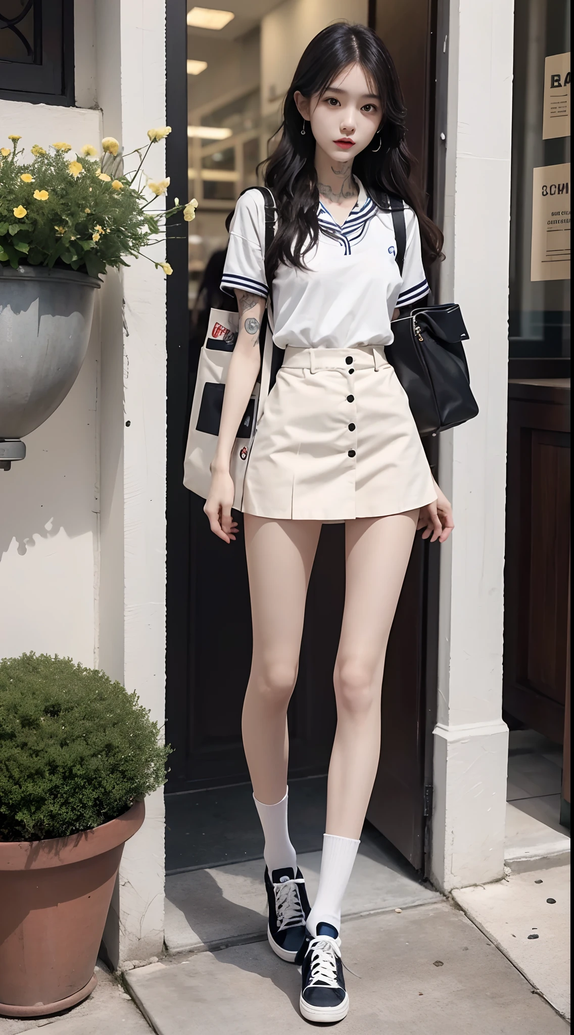 Masterpiece, Best quality, 1girll,stand posture,anatomy correct,JK school uniform,White mid-tube socks,with tattoos,wavy and long hair,Accurate and delicate face,Accurate and perfect legs,Slender and slender figure,Skinny,Skinny,Smaller bust,Converse shoes,bookbag