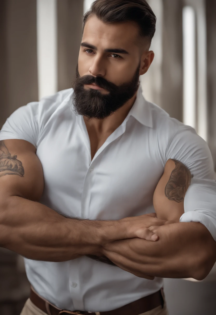 Homem brasileiro musculoso com barba e bigode na camisa branca, best quality,4k,8k,homem muito atraente com barba, pelos faciais bem cuidados, FOFO, breath-taking, Realista, imagem ultrarrealista, Bigode Natural, macho velho,foto retrato suave 8 k, retrato muito detalhado, bigode grosso, estilo hiper-realista, barba fina e brilhante, pelos faciais curtos, Bartstoppeln, FOFO, rosto detalhado, retrato ultra realista, cabelos grisalhos,terno elegante, boca aberta,