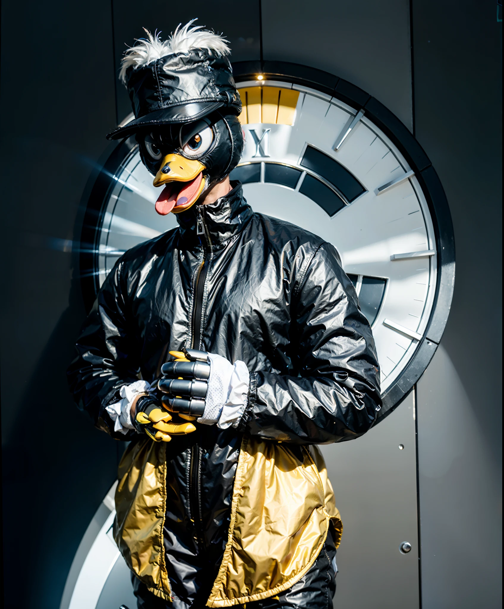 cartoon duck with a hat and a jacket on, inspired by Jacob Duck, donald duck, robot duck concept portrait, fantasy duck concept portrait, donald duck in real life, quackery, by Eddie Mendoza, duckface, daffy duck, detailed duck, cartoon digital painting, kathy zyduck, by Jacob Duck, high detail iconic character, armored duck (birthday)