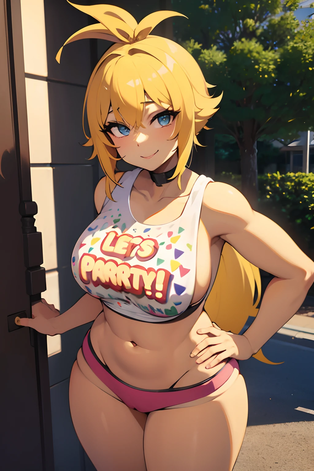 Sexy, Big breasts, cute smile, (marked pussy) (yellow hair)