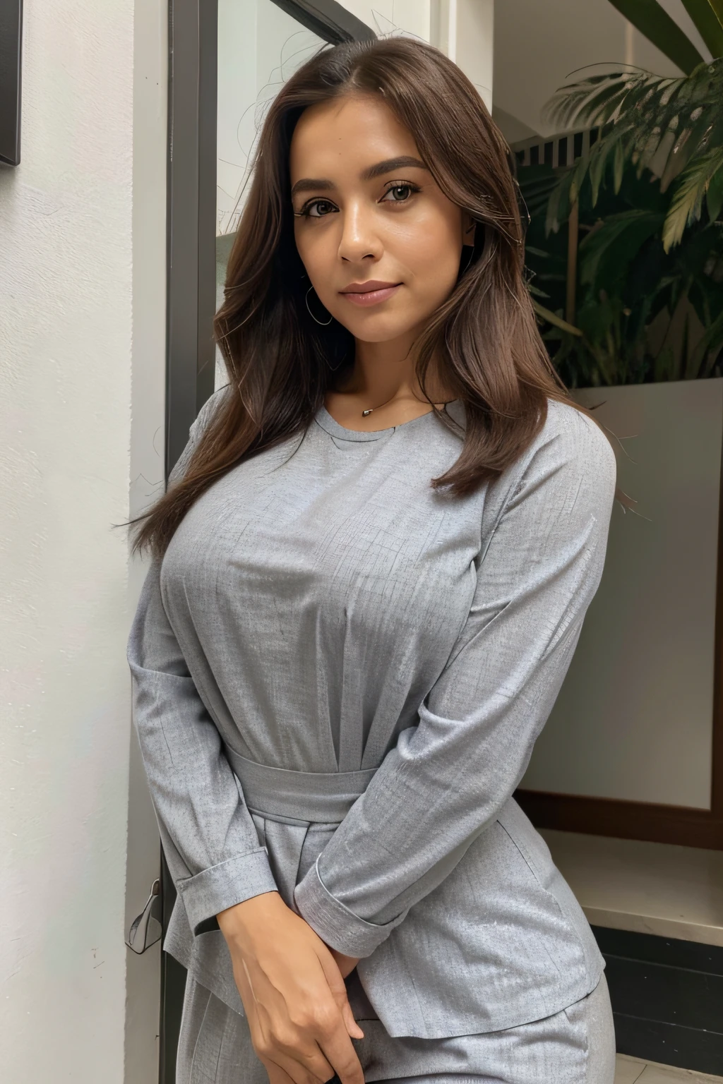 Nome: Maria Silva
Idade: 35 years
Appearance:
Maria tem cabelos castanhos escuros, na altura dos ombros, with a few gray strands that show their experience in the trade.
His eyes are brown and expressive, refletindo a sabedoria adquirida ao longo dos anos.
Her skin is slightly tanned due to the time she spent outdoors tending to her business.
Maria tem um rosto oval com linhas finas, evidencing your determination and focus.
She usually wears professional and practical clothes, such as long-sleeved blouses and pants, that are appropriate for the business environment. a mesma pessoa mas com outras poses profissionais