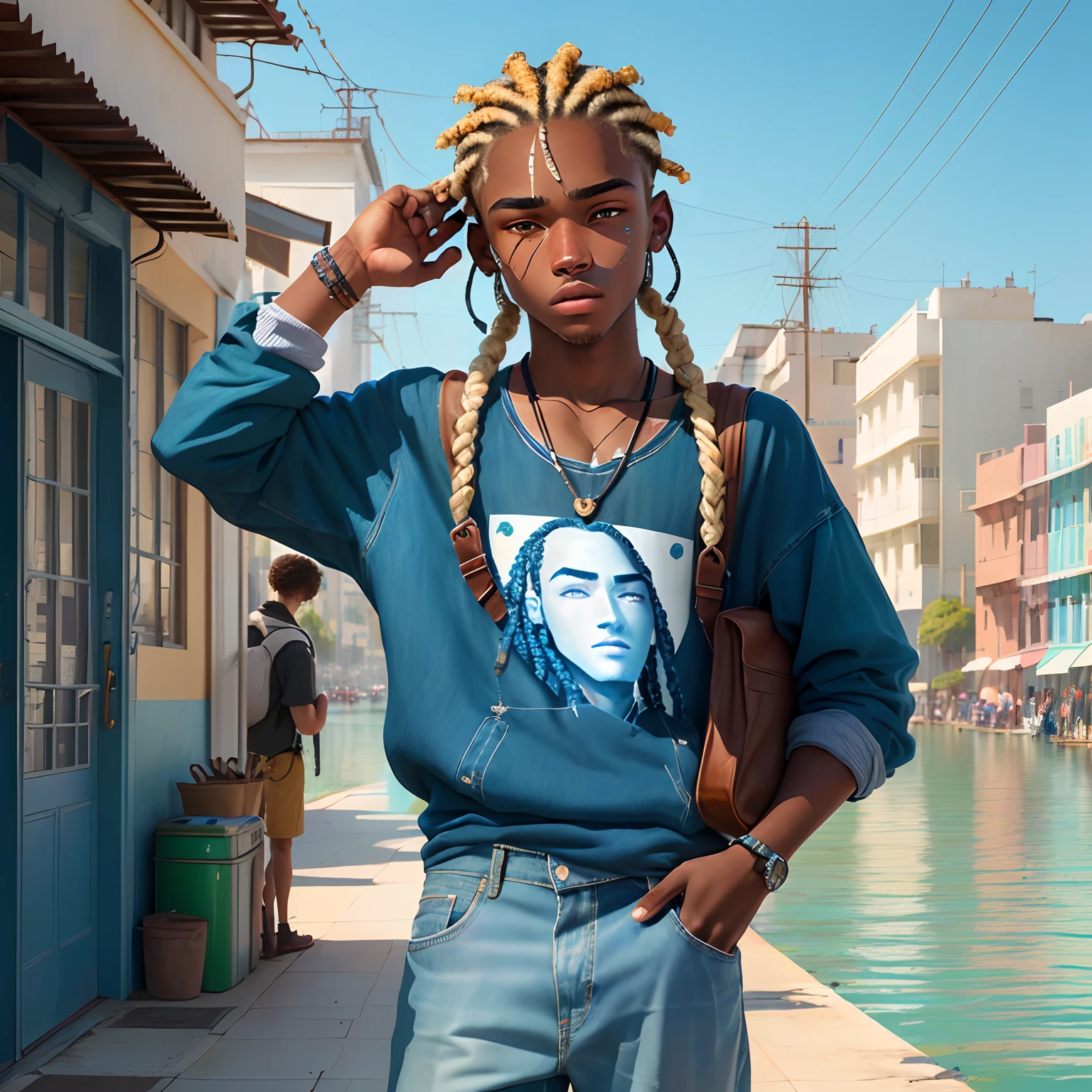 Make a Pixar-style poster of a -yeld maho has nagô braids in his hair, de olhos grandes e castanhos escuro, Fair skin that in your hands is holding a broken heart, ele veste moletom azul claro da hugo boss e jeans claro