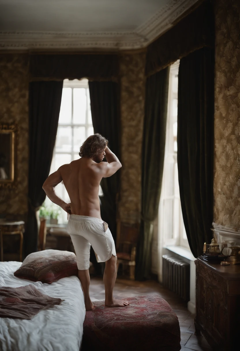 realistic, masterpiece, intricate details, detailed background, depth of field, cinematic, pectorals, abs, , open shirt, dramatic lighting, photo of a handsome (regency era man) in bedroom, window, volumetric light, poster art photography
