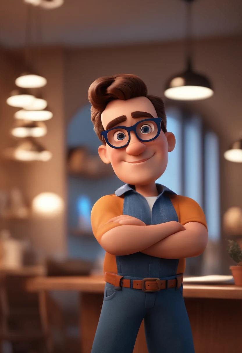 Cartoon character of a man with black glasses and a blue shirt, animation character, Caractere estilizado, animation style rendering, 3D estilizado, Arnold Maya render, 3 d render stylized, toon render keyshot, Personagem 3D, Personagem 3D, 3d rendering stylized, 3 d character render, personagem de desenho animado, Personagem de close up, Pose de personagem, (Estilo Pixar) (master part:1.2) (Bokeh) (best quality) (pele detalhada) (textura detalhada) (8k) (argila) (Cinematic lighting) (foco nítido