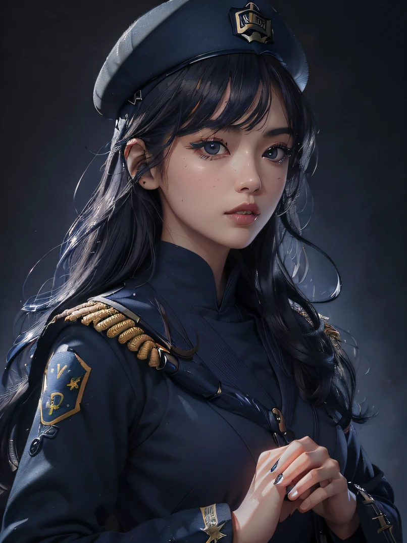 (Best Quality、4K、8K、hight resolution,masutepiece:1.2), ultra-detailliert、(Realistic、Photorealsitic:1.37)、(Beautiful detailed eyes、Beautiful detailed lips、extremely detailed eye and face、long eyelashes)、Studio Lighting、Physically-based rendering、Vivid colors、((Navy Uniform:1.5))、Detailed hand depiction