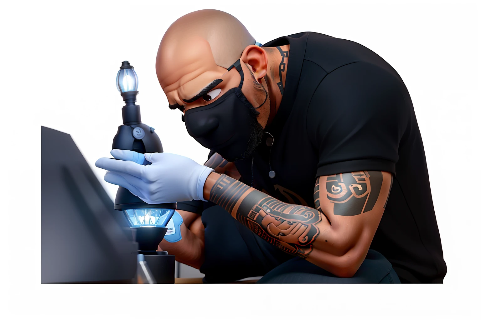 Um homem negro, tatuador, careca e barbudo, illuminated by the light of a lamp, contra o pano de fundo de uma biblioteca