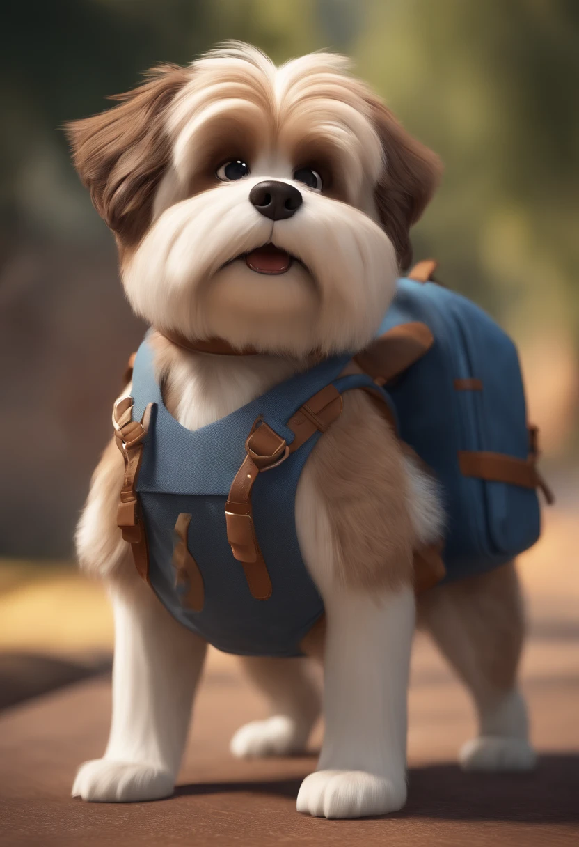 White and brown Lhasa Apso dog with backpack on its back, animation character, Caractere estilizado, animation style rendering, 3D estilizado, Arnold Maya render, 3 d render stylized, toon render keyshot, Personagem 3D, Personagem 3D, 3d rendering stylized, 3 d character render, personagem de desenho animado, Personagem de close up, Pose de personagem, (Estilo Pixar) (master part:1.2) (Bokeh) (best quality) (pele detalhada) (textura detalhada) (8k) (argila) (Cinematic lighting) (foco nítido
